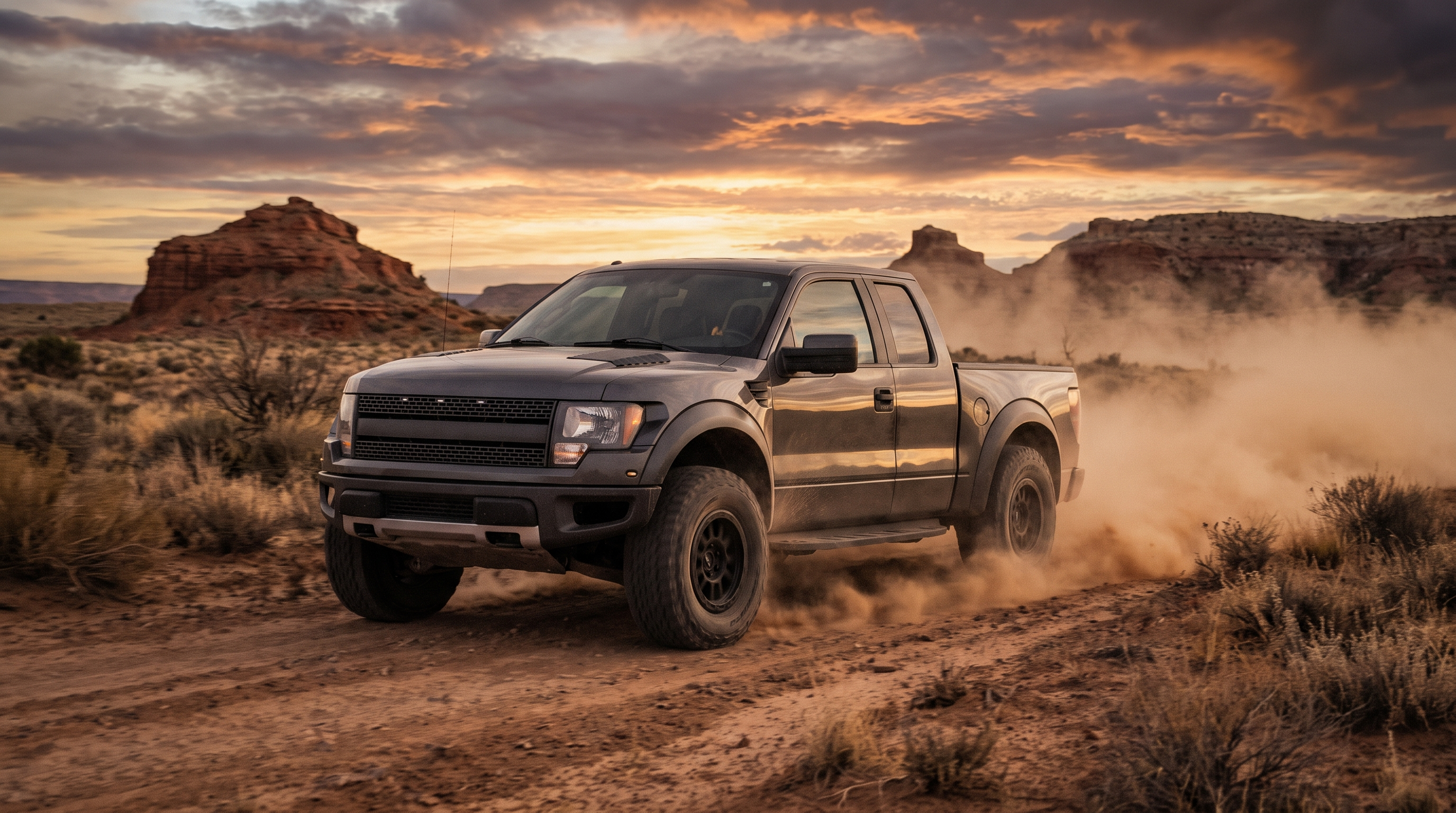 Ford F-150 Raptor kicking up dust in the West Texas desert