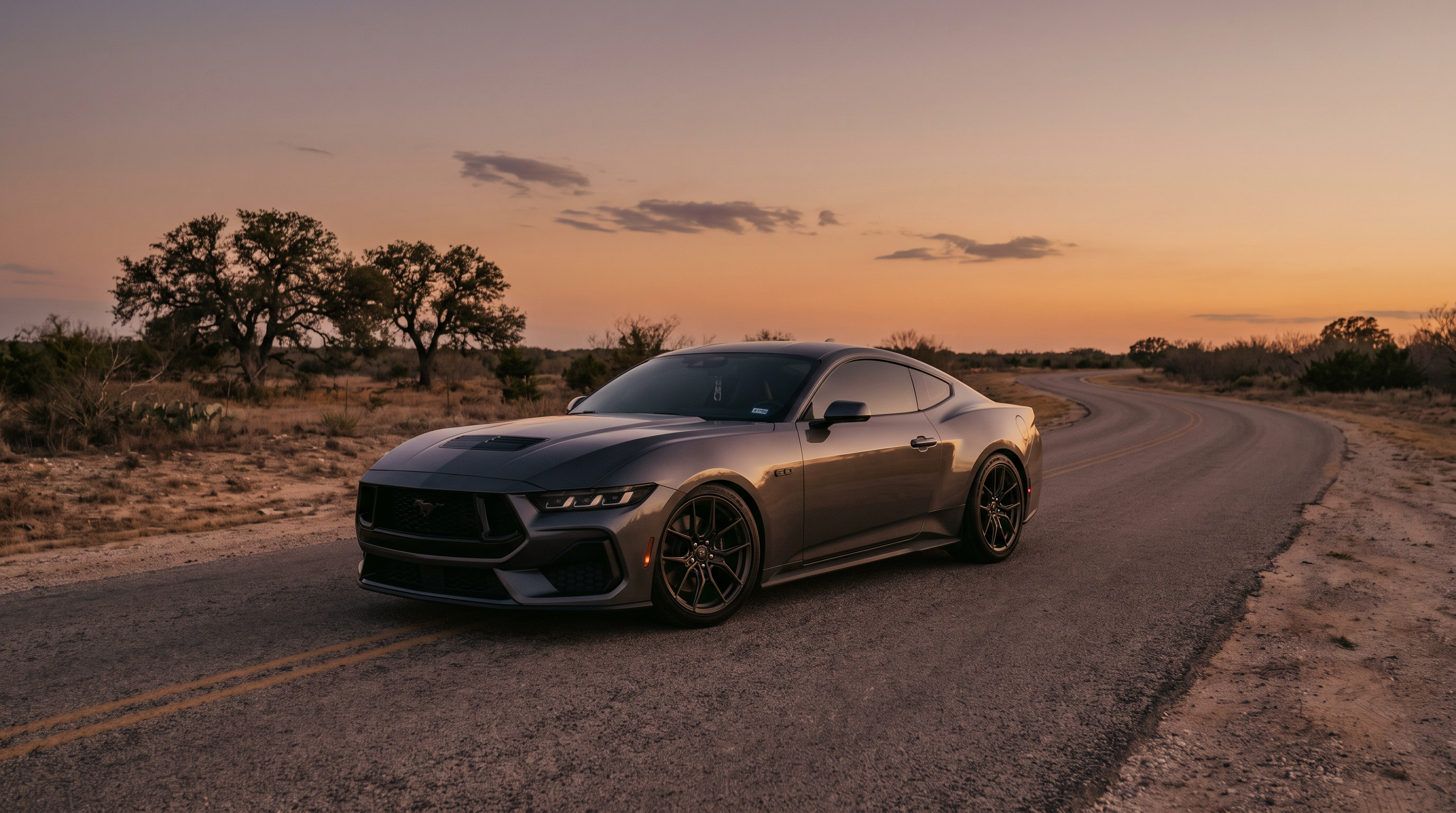 Metallic grey S650 Ford Mustang on a Texas farm-to-market road at dusk