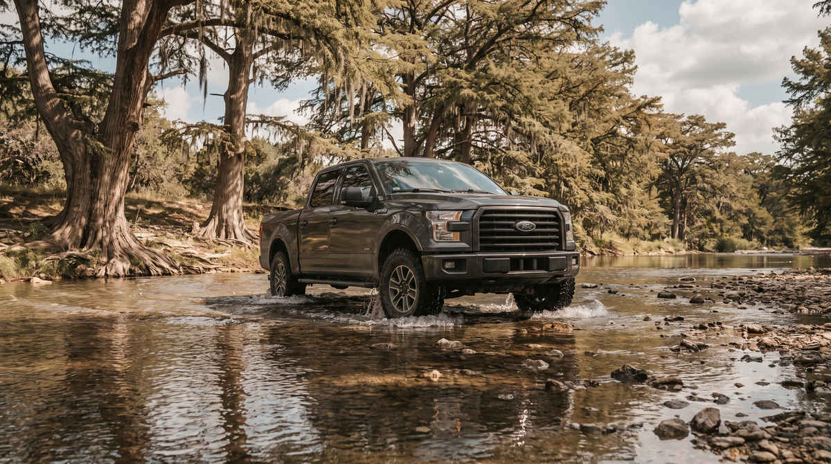 Dark grey Ford F-150 crossing a rocky Texas river with all-terrain tires