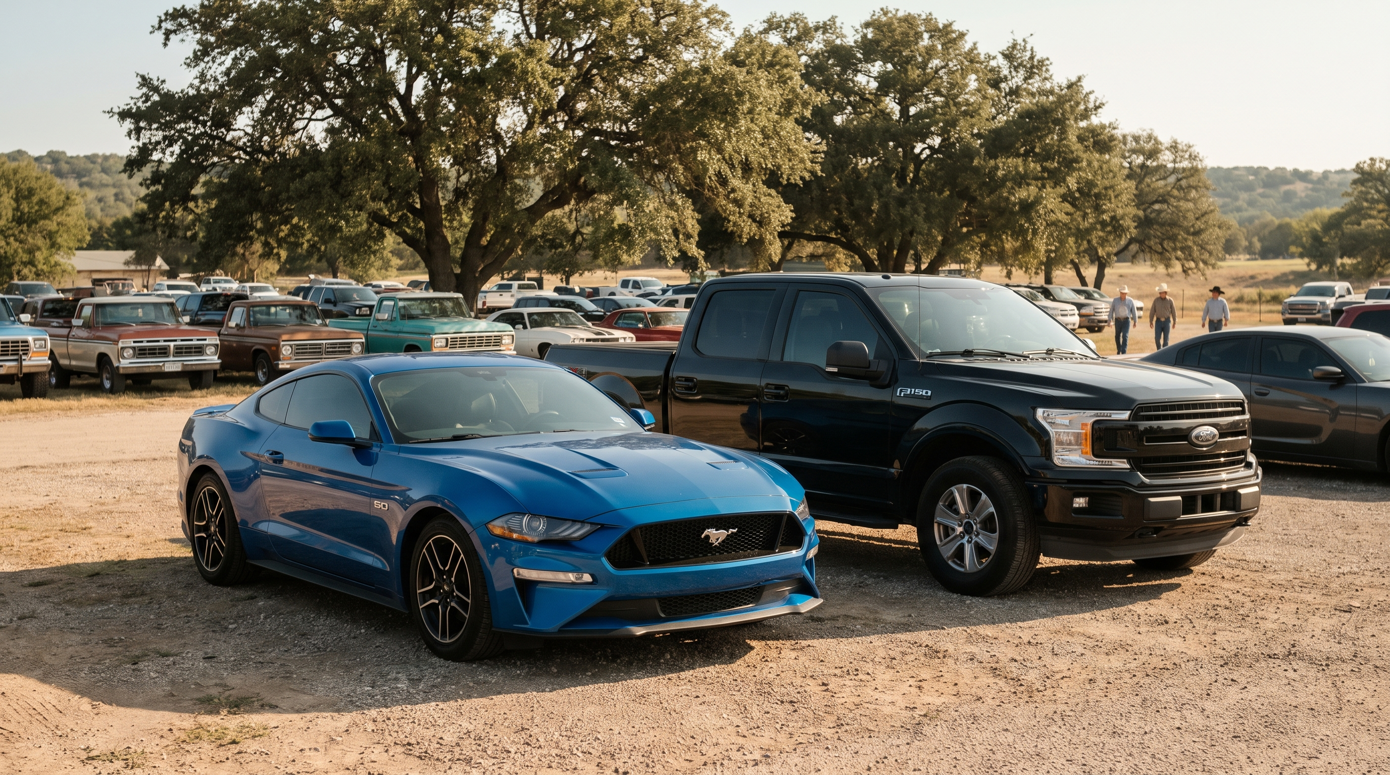 Blue Ford Mustang GT and black Ford F-150 side by side at an outdoor Texas car show