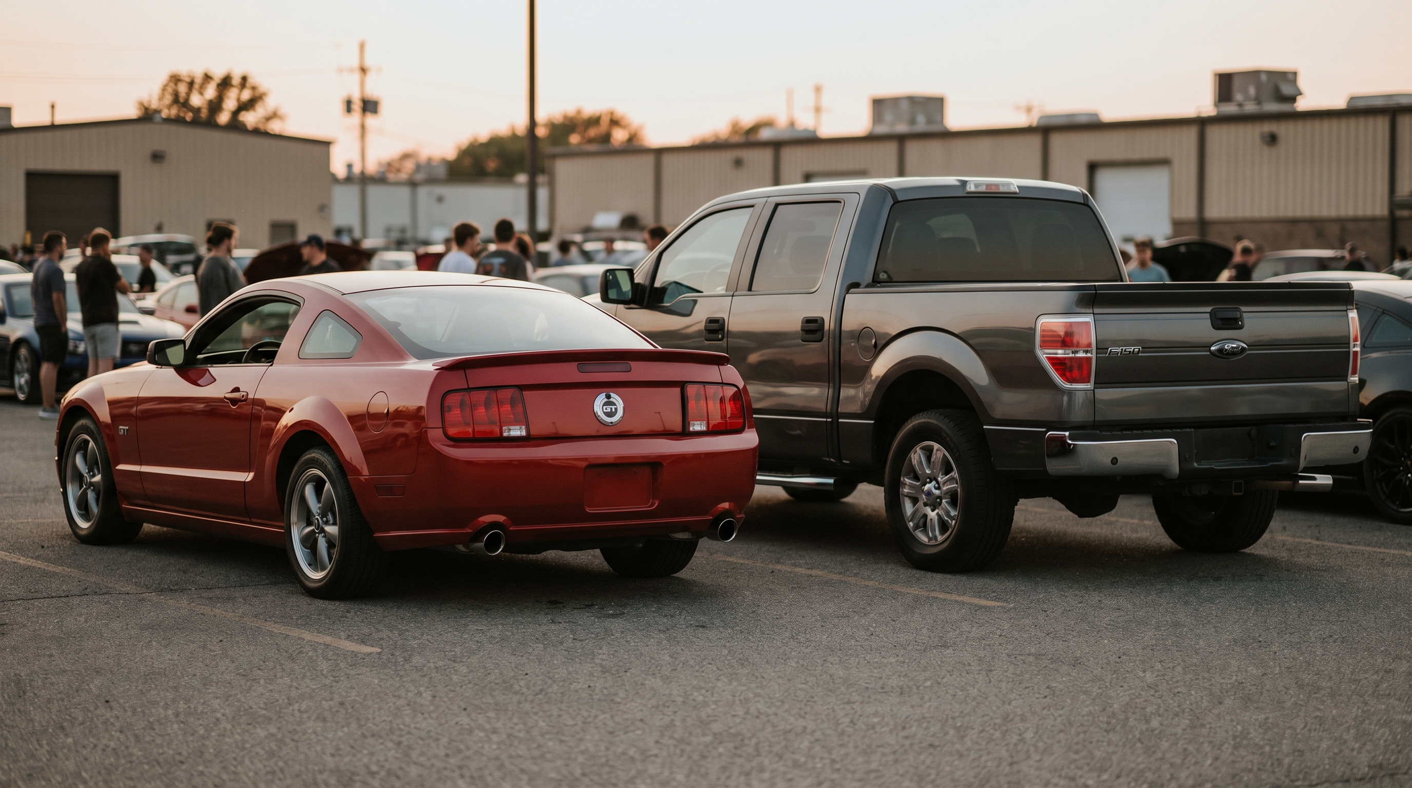 Red Ford Mustang GT and grey Ford F-150 rear view with exhaust tips at a dusk car meet