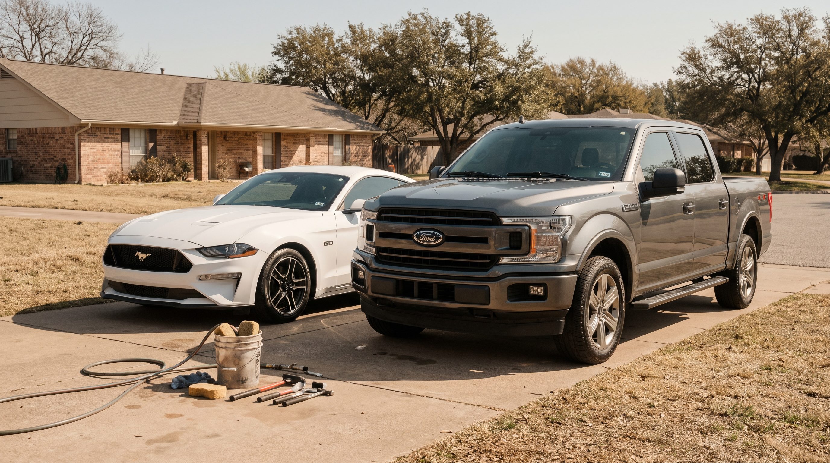 White Ford Mustang GT and grey Ford F-150 in a suburban driveway on a spring maintenance day