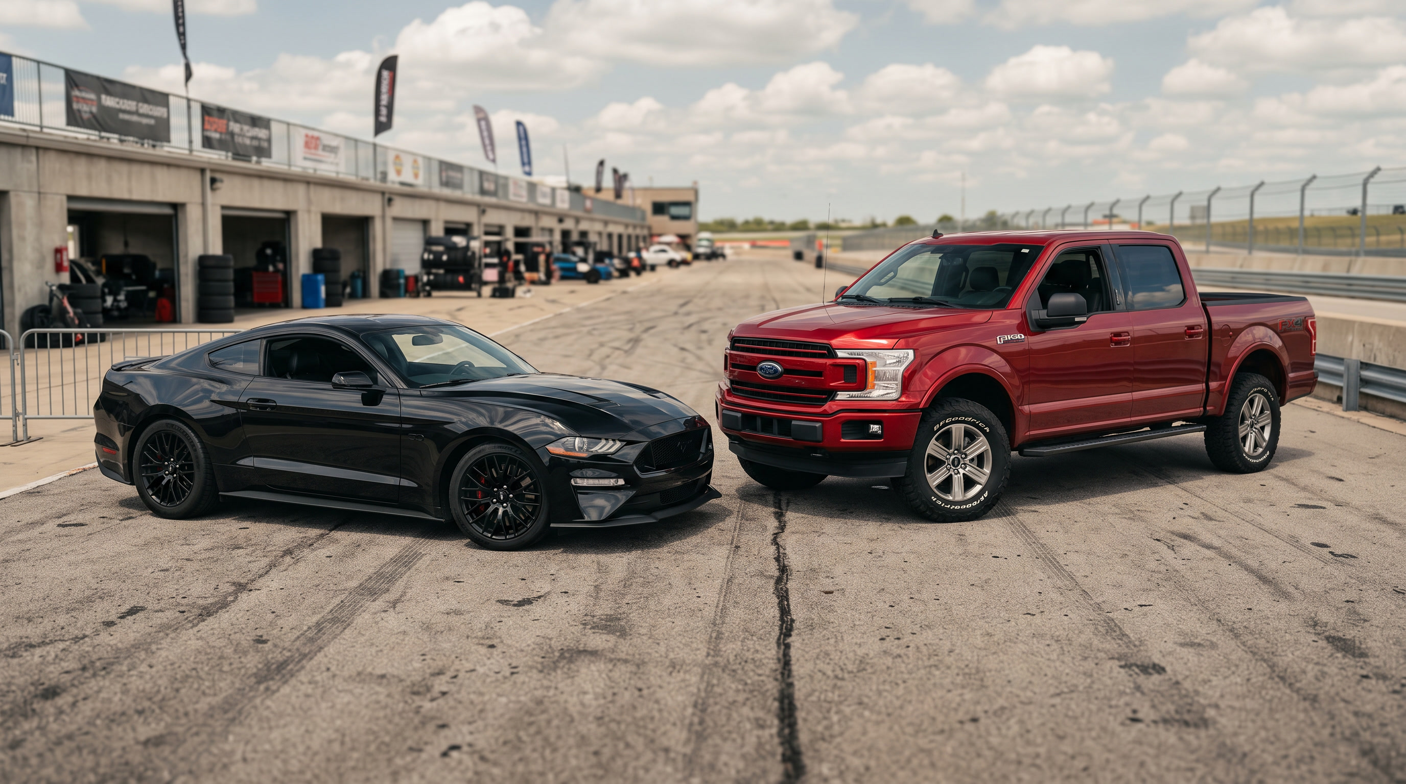 Black Ford Mustang GT and red Ford F-150 in a race paddock with big brakes visible