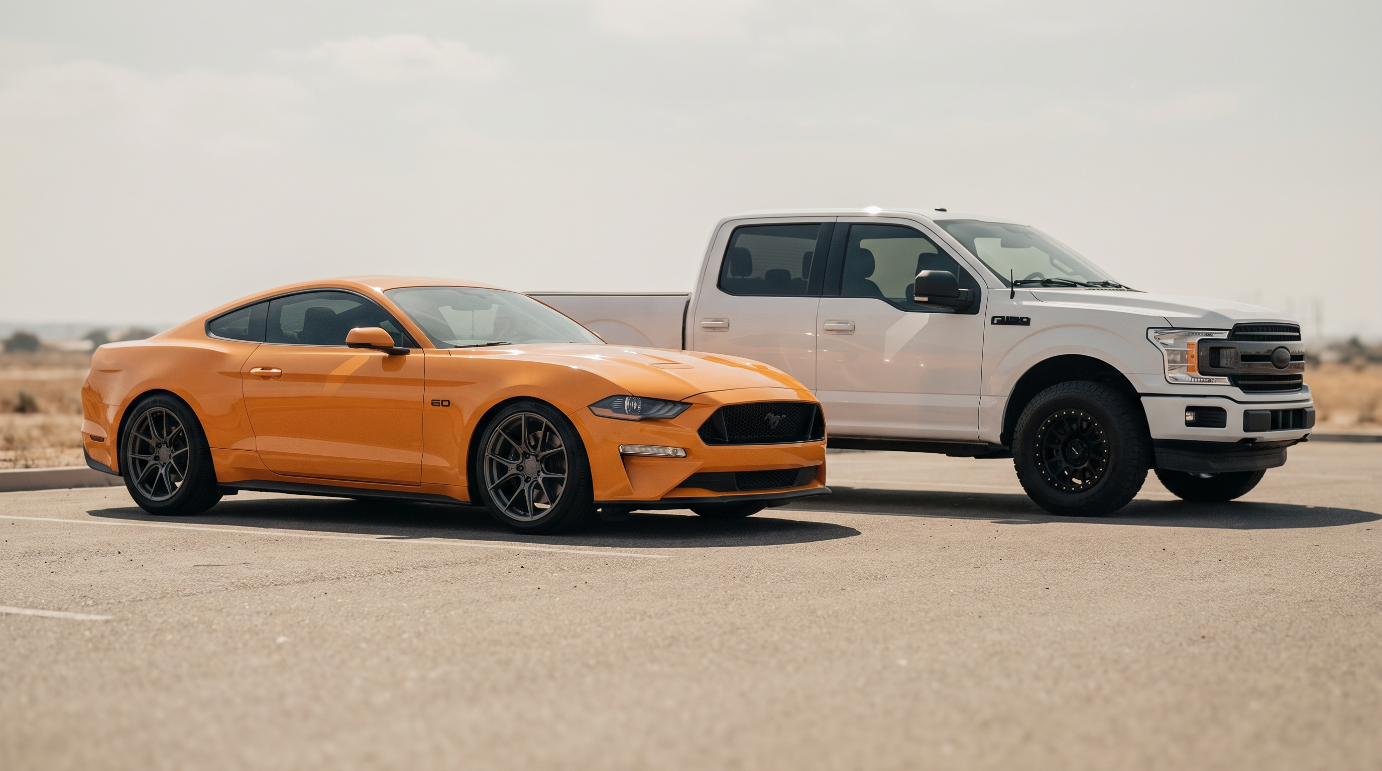 Orange Ford Mustang GT and white Ford F-150 parked showing their wheels in daylight