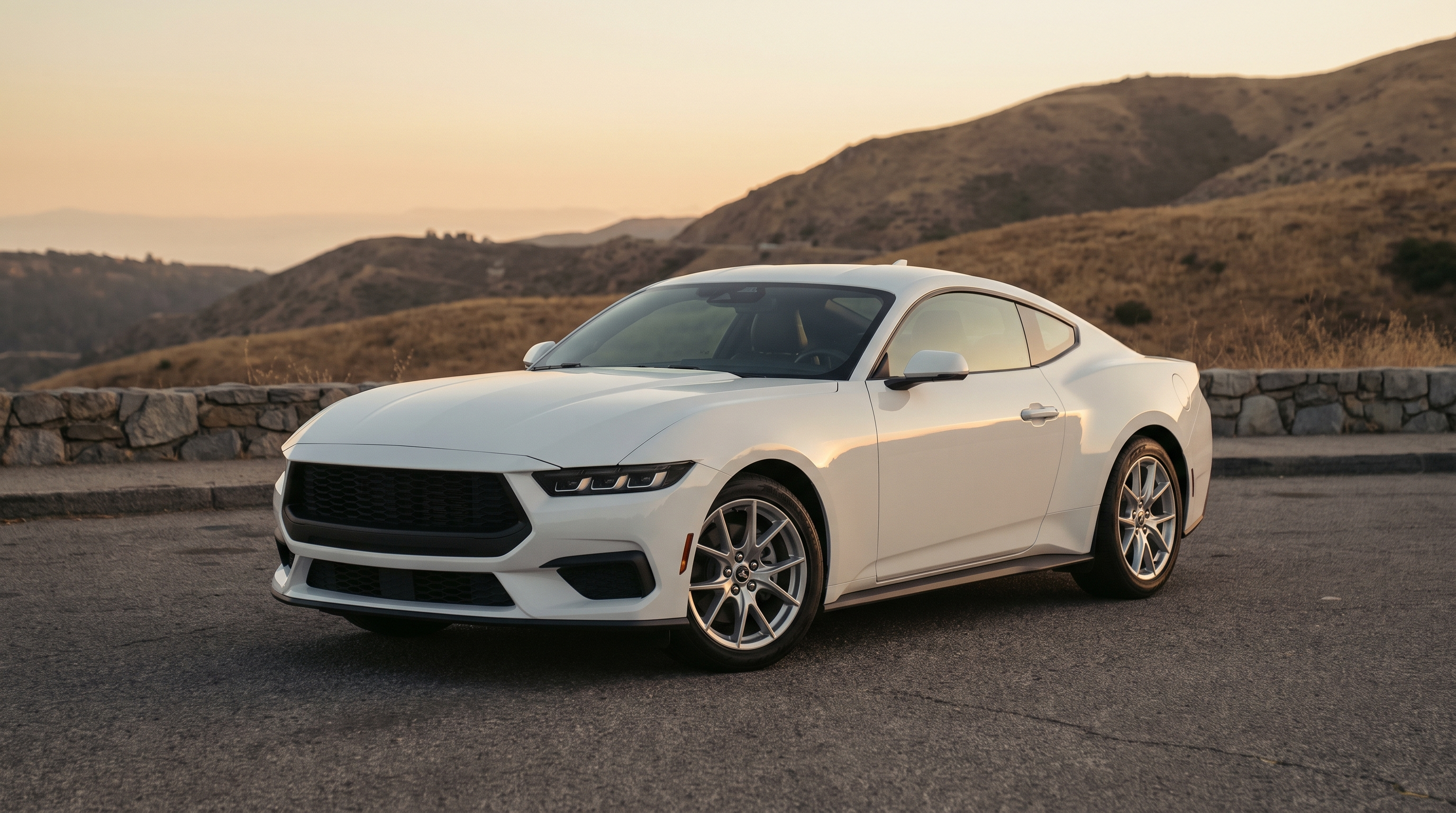 White 2024+ S650 Ford Mustang GT at a paved overlook at golden hour