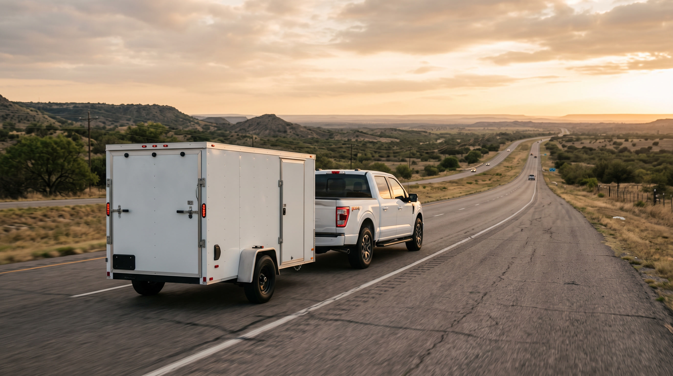 White 2021+ Ford F-150 towing an enclosed cargo trailer on a Texas highway at golden hour