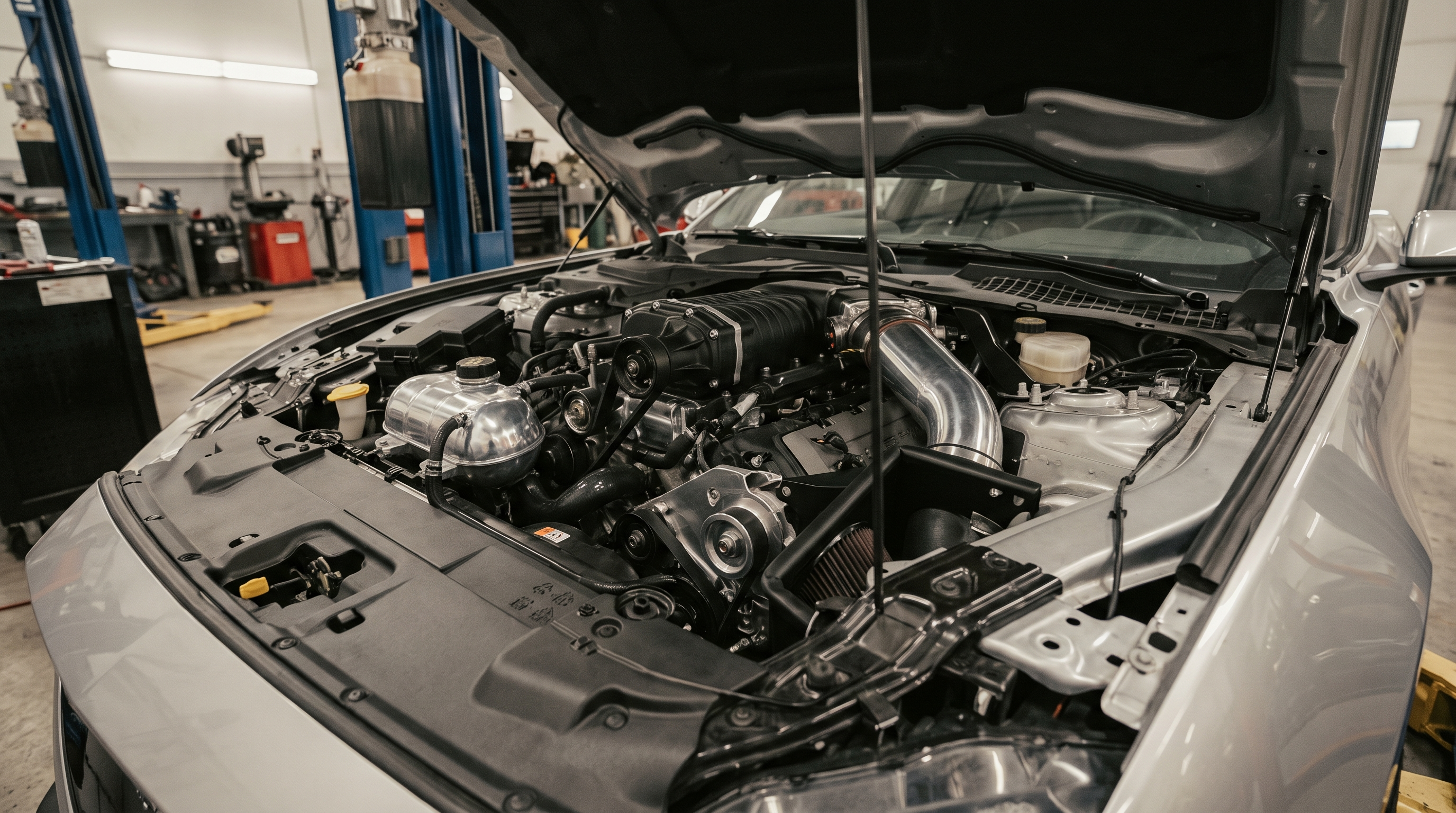 Open engine bay of an S550 Ford Mustang GT with a supercharger on the Coyote V8