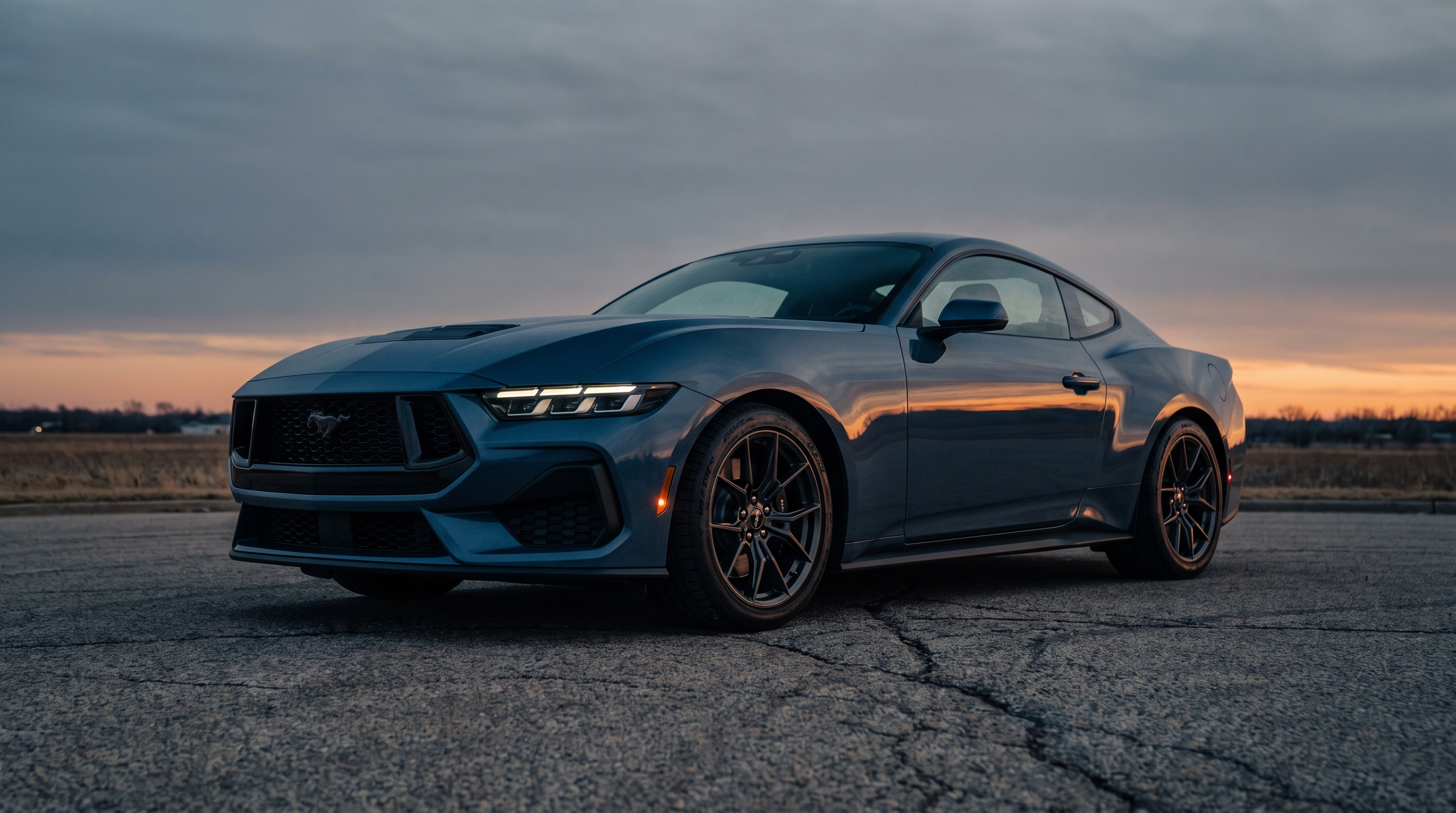 Dark blue 2024+ S650 Ford Mustang with an aggressive front fascia at dusk