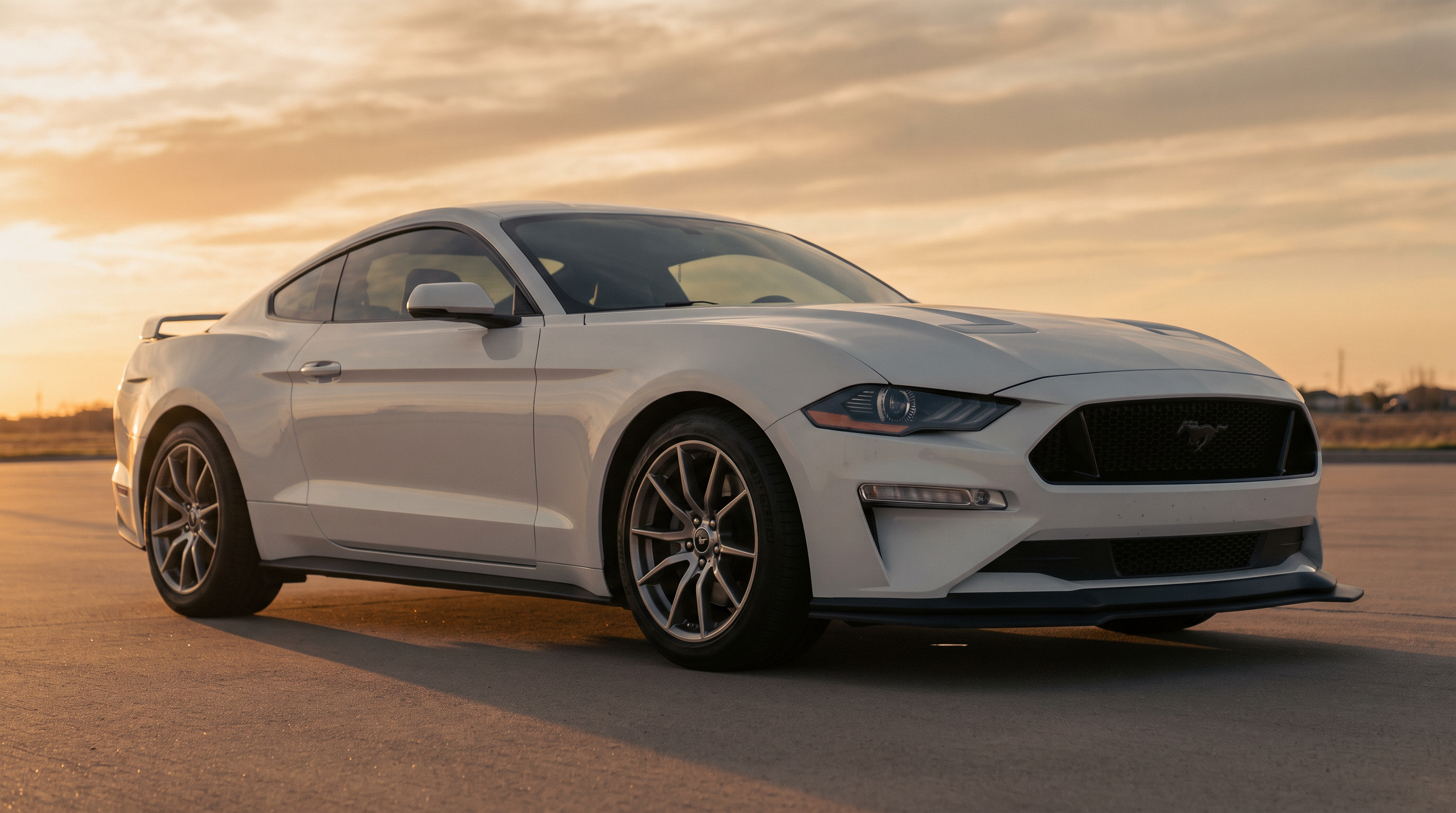 White S550 Ford Mustang GT with a front splitter and rear spoiler at golden hour
