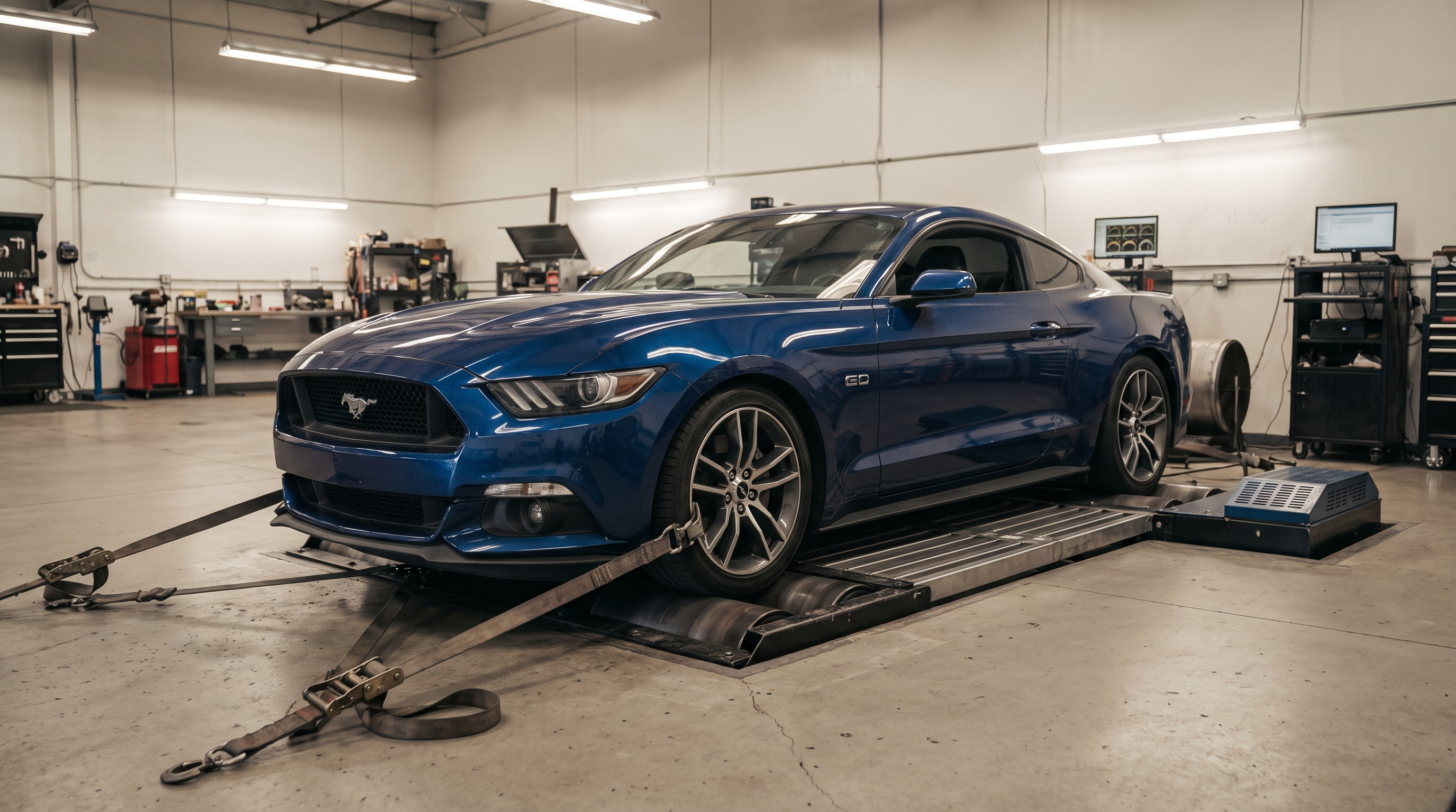 Blue S550 Ford Mustang GT on a chassis dyno in a performance shop