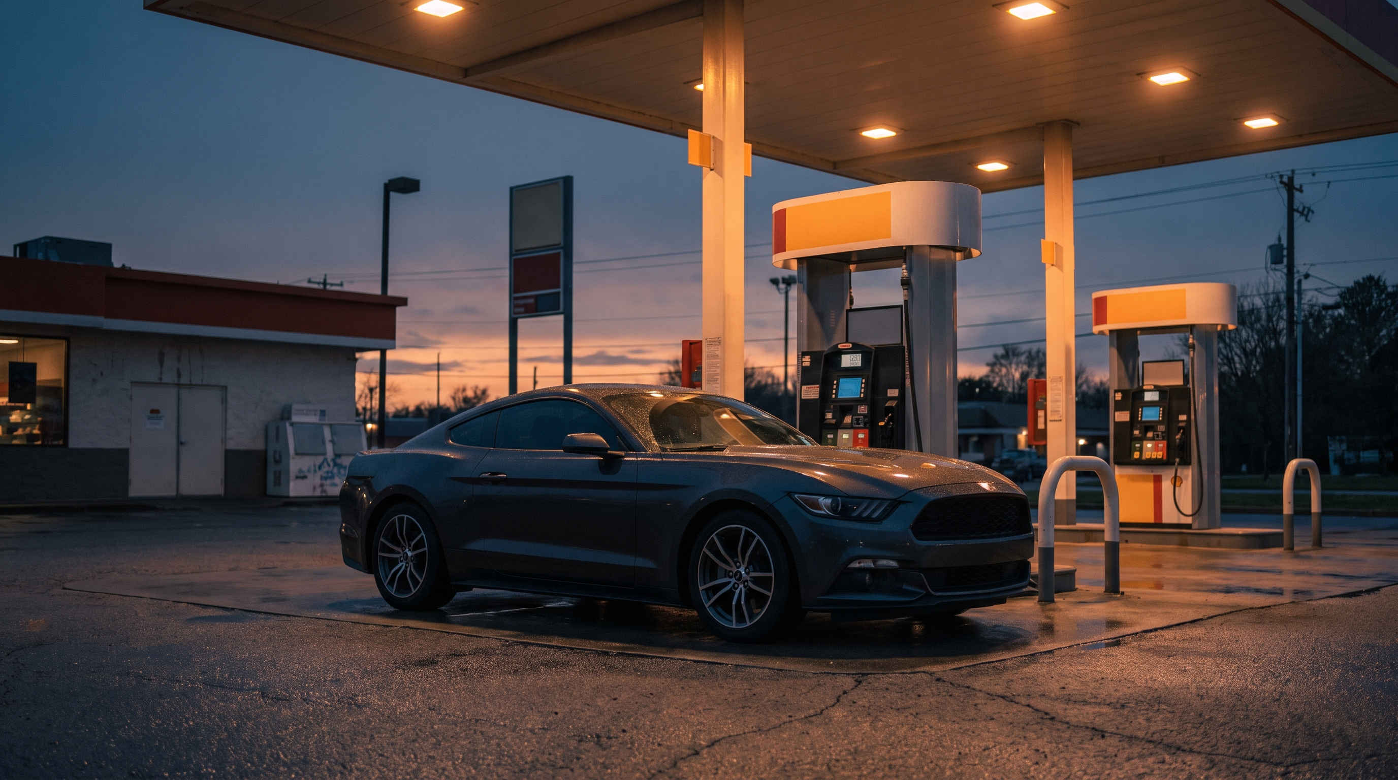 Black S550 Ford Mustang GT at a fuel station at dusk