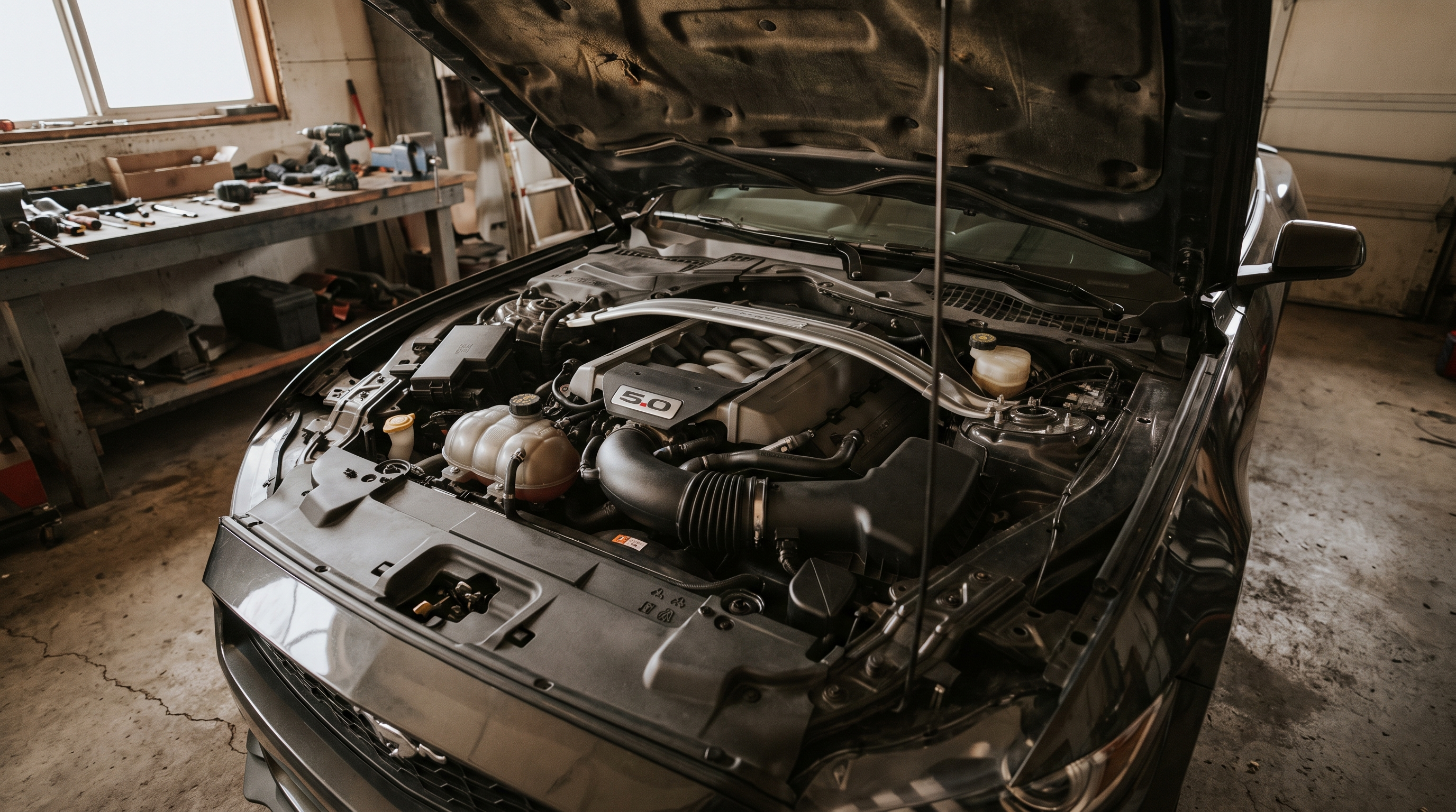 Open engine bay of a naturally aspirated S550 Ford Mustang GT Coyote 5.0 V8