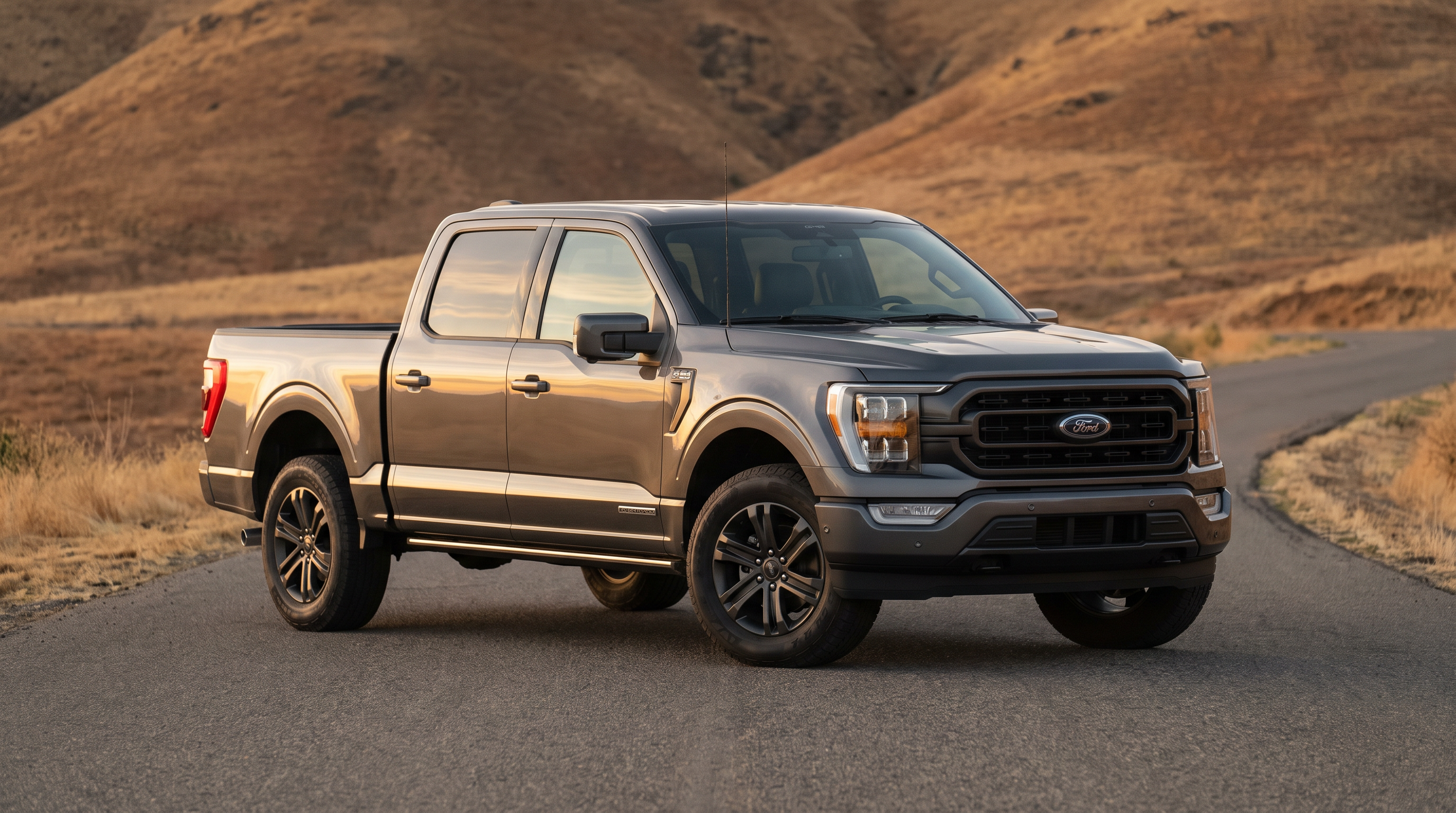 Grey 2021+ Ford F-150 PowerBoost hybrid SuperCrew on a paved road at golden hour