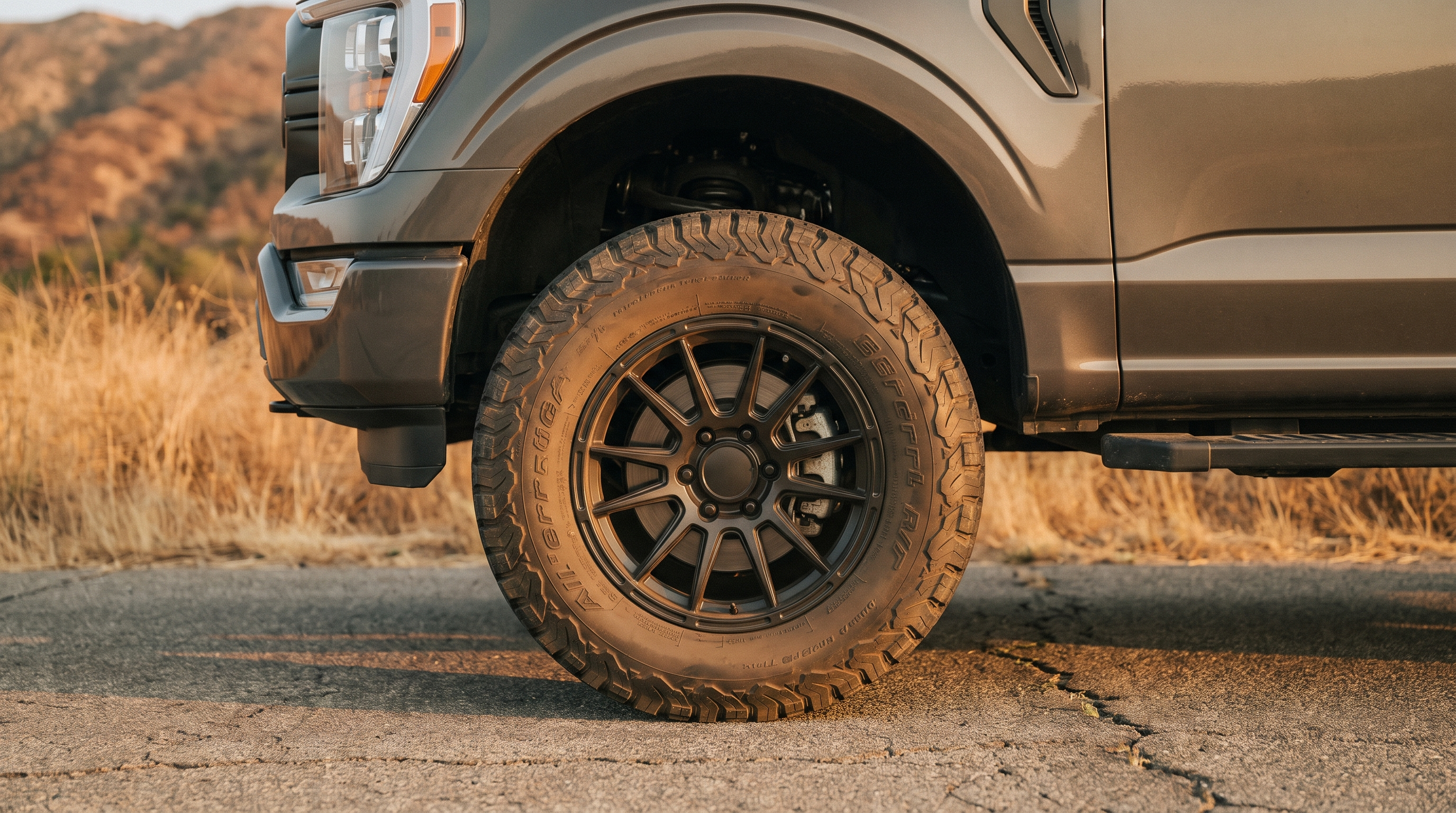 Low view of a 2021+ Ford F-150 on large all-terrain tires and aftermarket wheels