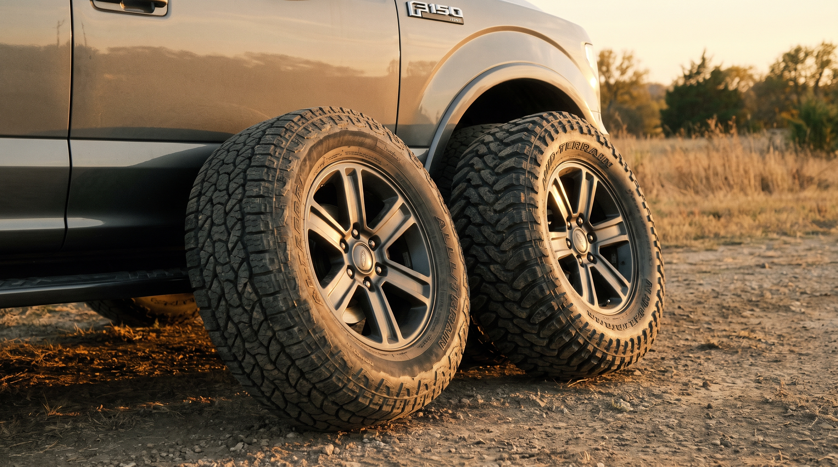 Comparison of an all-terrain tire and a mud-terrain tire on 6-lug wheels next to a Ford F-150