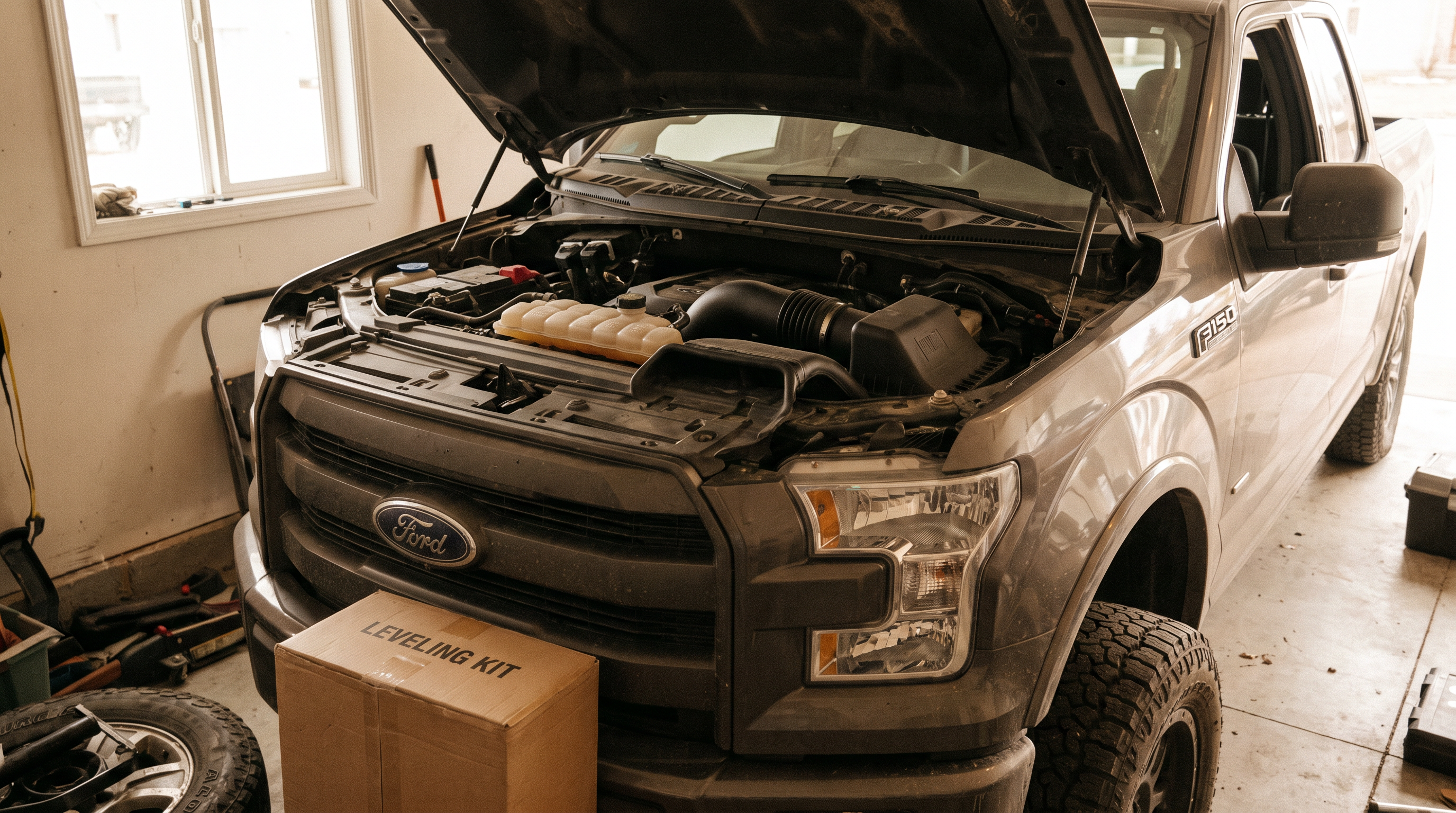 2021+ Ford F-150 with the hood up and a cold air intake and leveling kit box in a home garage