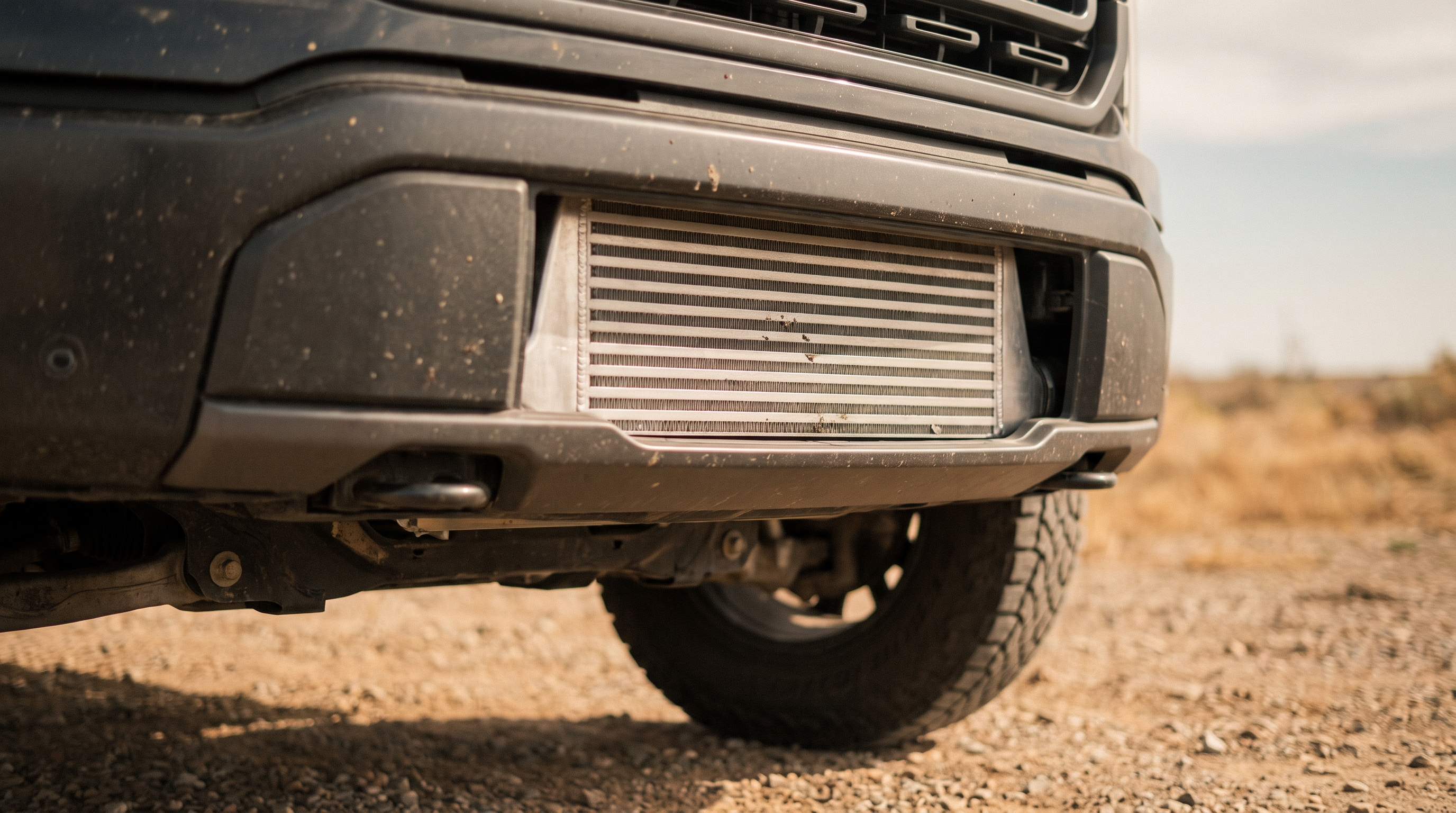Aluminum front-mount intercooler behind the bumper of a 2021+ Ford F-150 EcoBoost