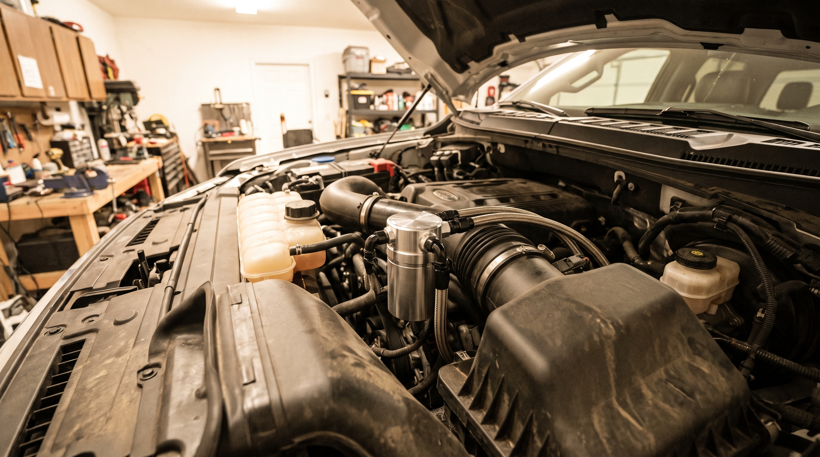 Aftermarket oil catch can installed on a 2021+ Ford F-150 3.5 EcoBoost engine