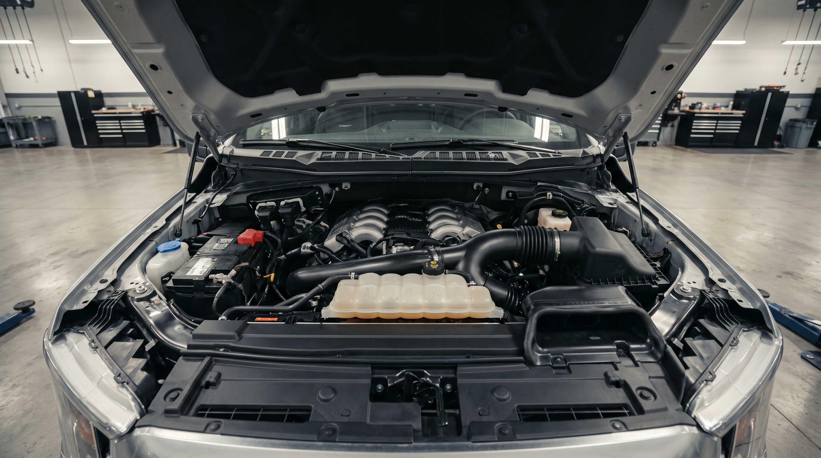 Open engine bay of a 2021+ Ford F-150 twin-turbo 3.5 EcoBoost V6 in a shop