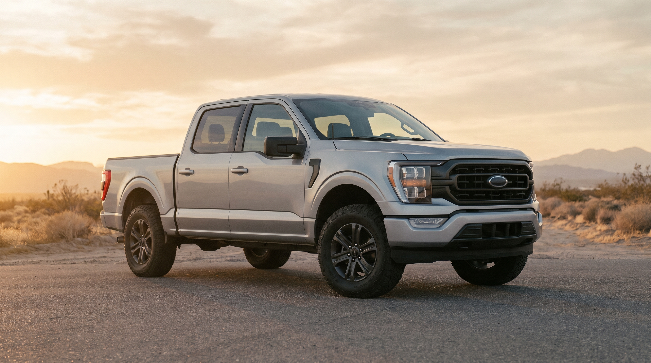 Silver 2021+ Ford F-150 with a clean leveling kit and even stance at golden hour