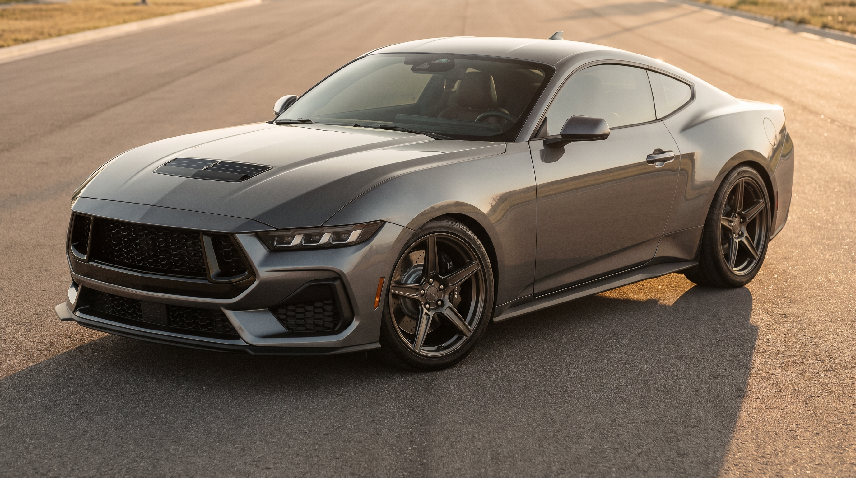 Grey 2024+ S650 Ford Mustang GT on premium aftermarket forged wheels at golden hour