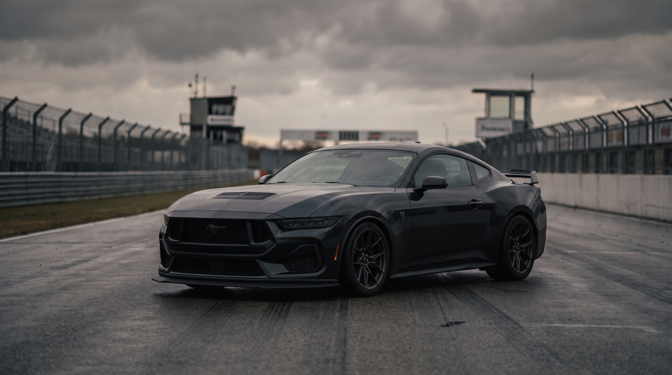 Aggressive black 2024+ S650 Ford Mustang Dark Horse-style coupe on a race circuit