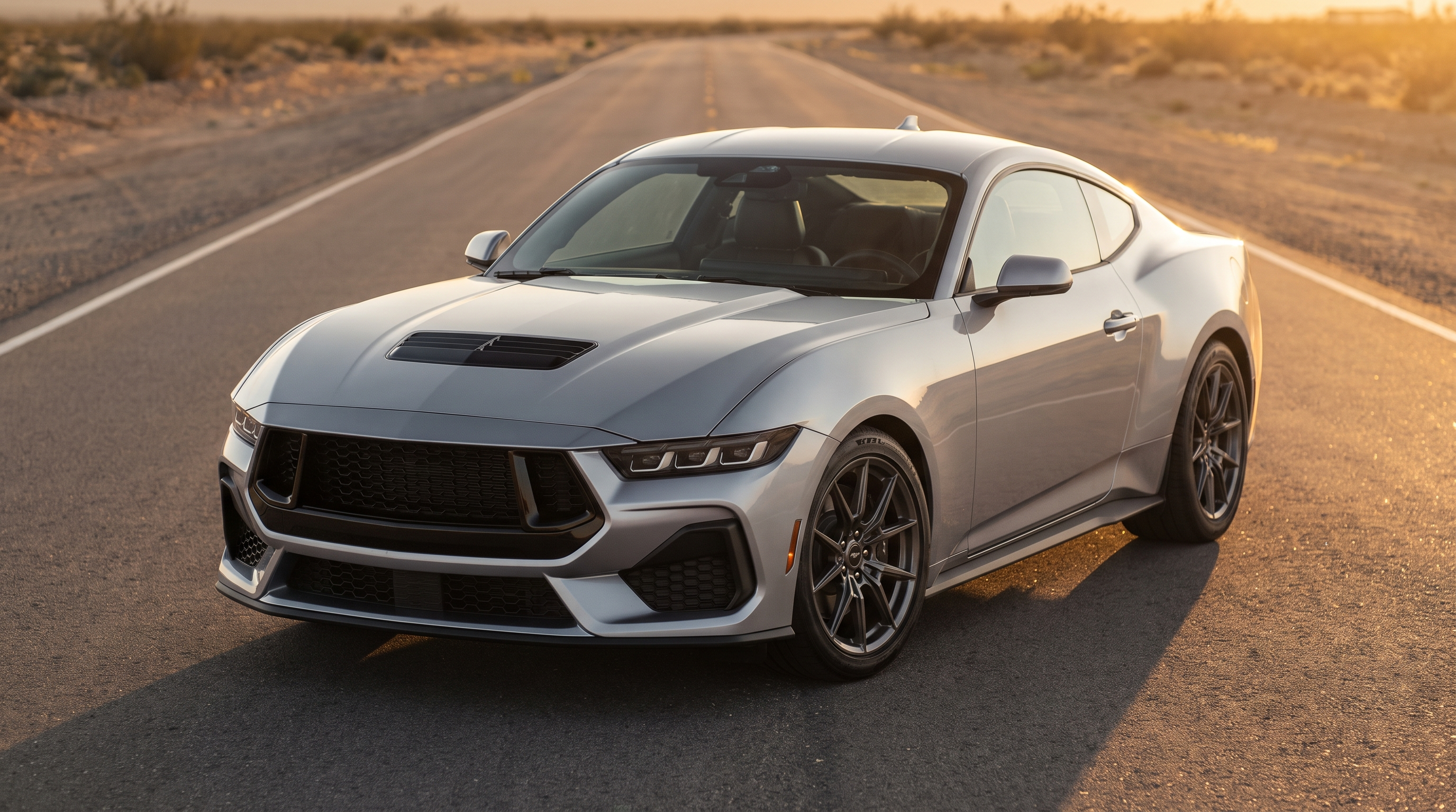 Silver 2024+ S650 Ford Mustang GT on an open road at golden hour
