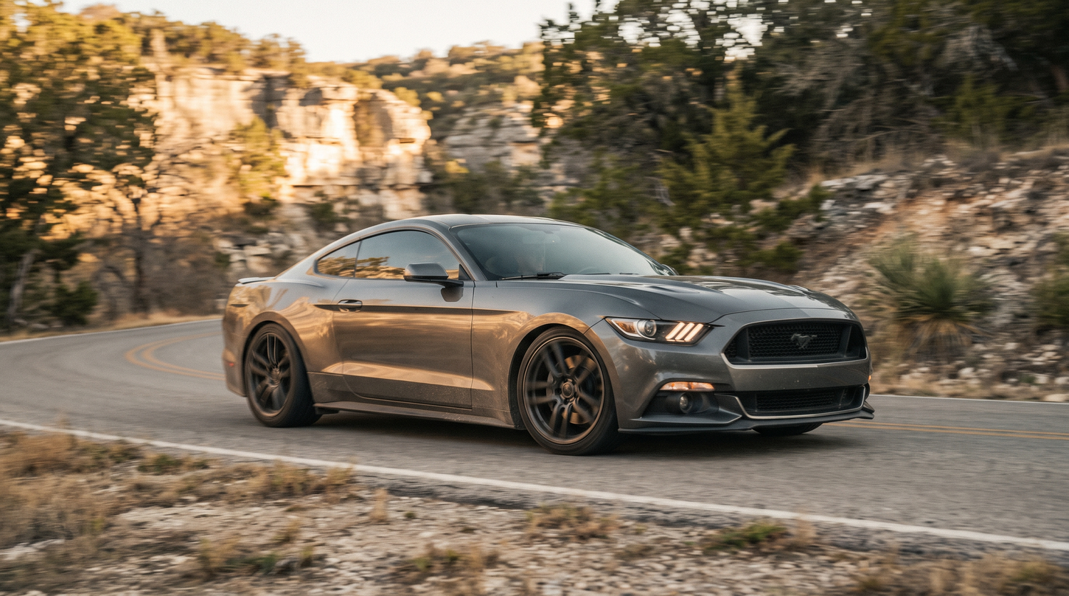 Gunmetal S550 Ford Mustang GT driving a Texas canyon road
