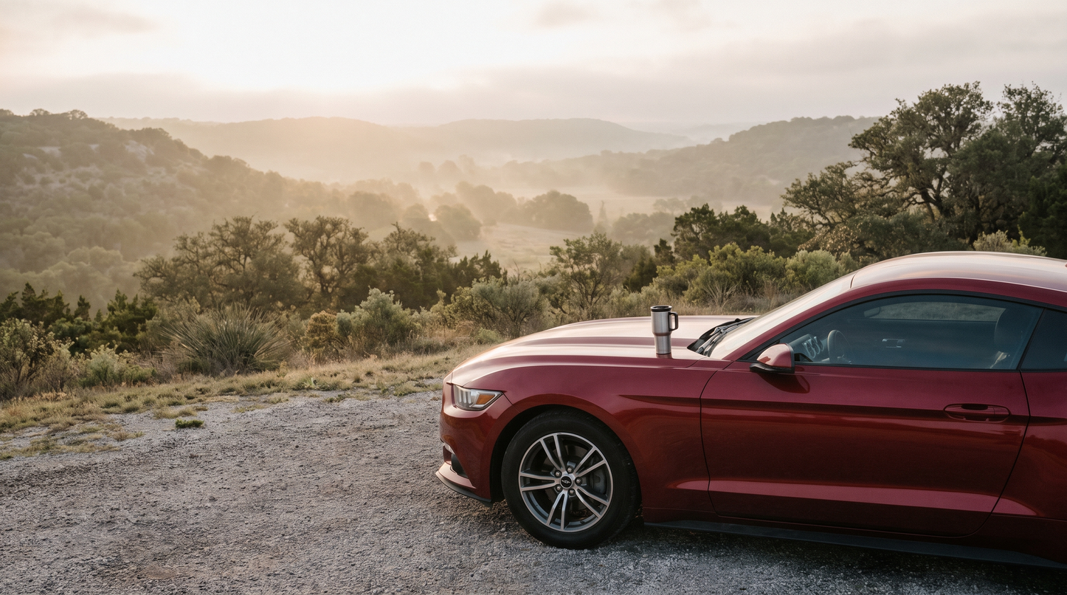 Red S550 Ford Mustang GT at a Texas overlook at dawn