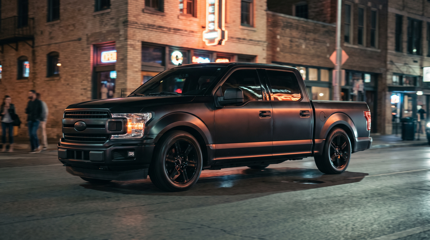 Lowered 2015-2020 Ford F-150 street truck in downtown Austin at night
