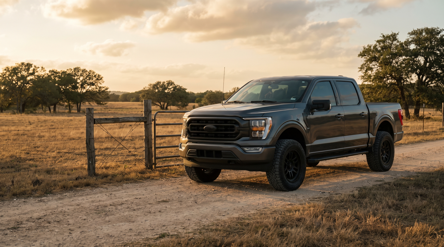 2021+ Ford F-150 parked by a Texas ranch gate at golden hour