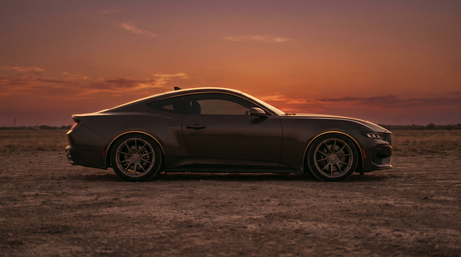 2024+ Ford Mustang S650 profile against a Texas sunset