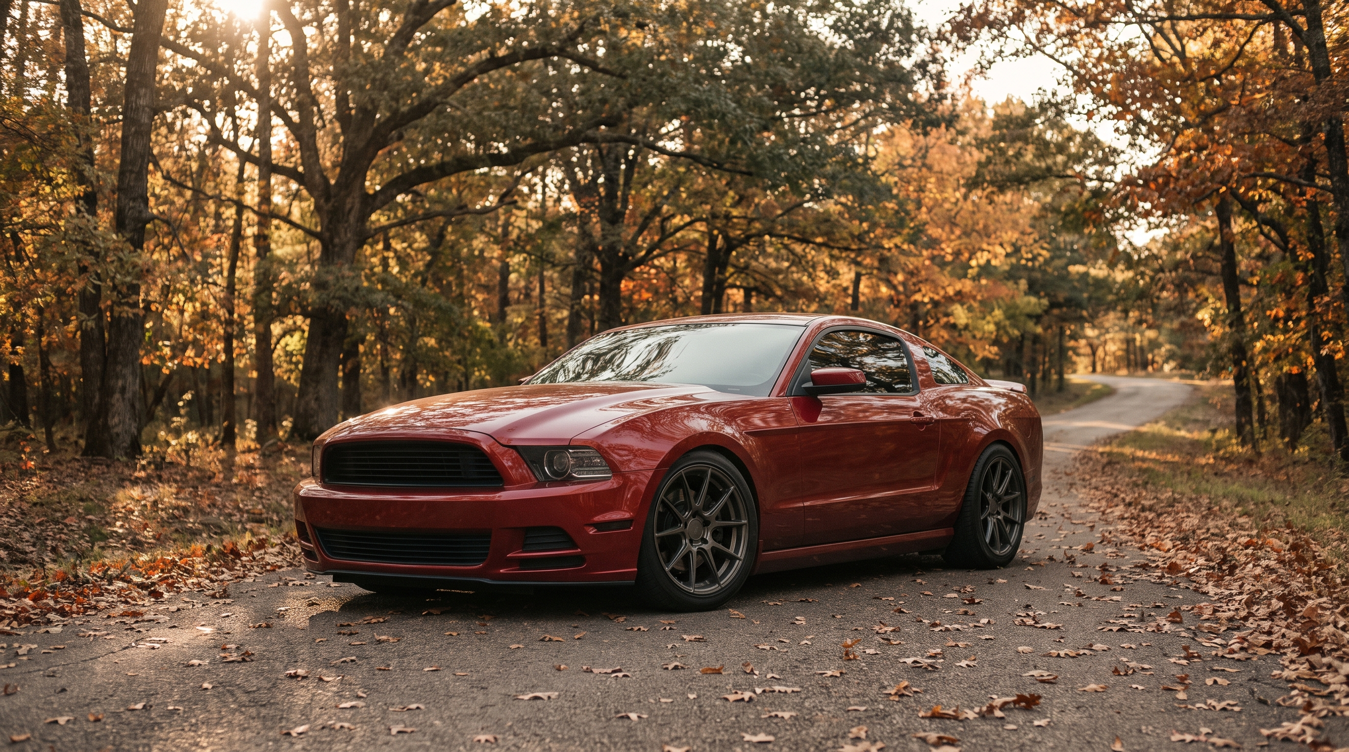 Deep red S197 Ford Mustang GT on an autumn tree-lined East Texas backroad