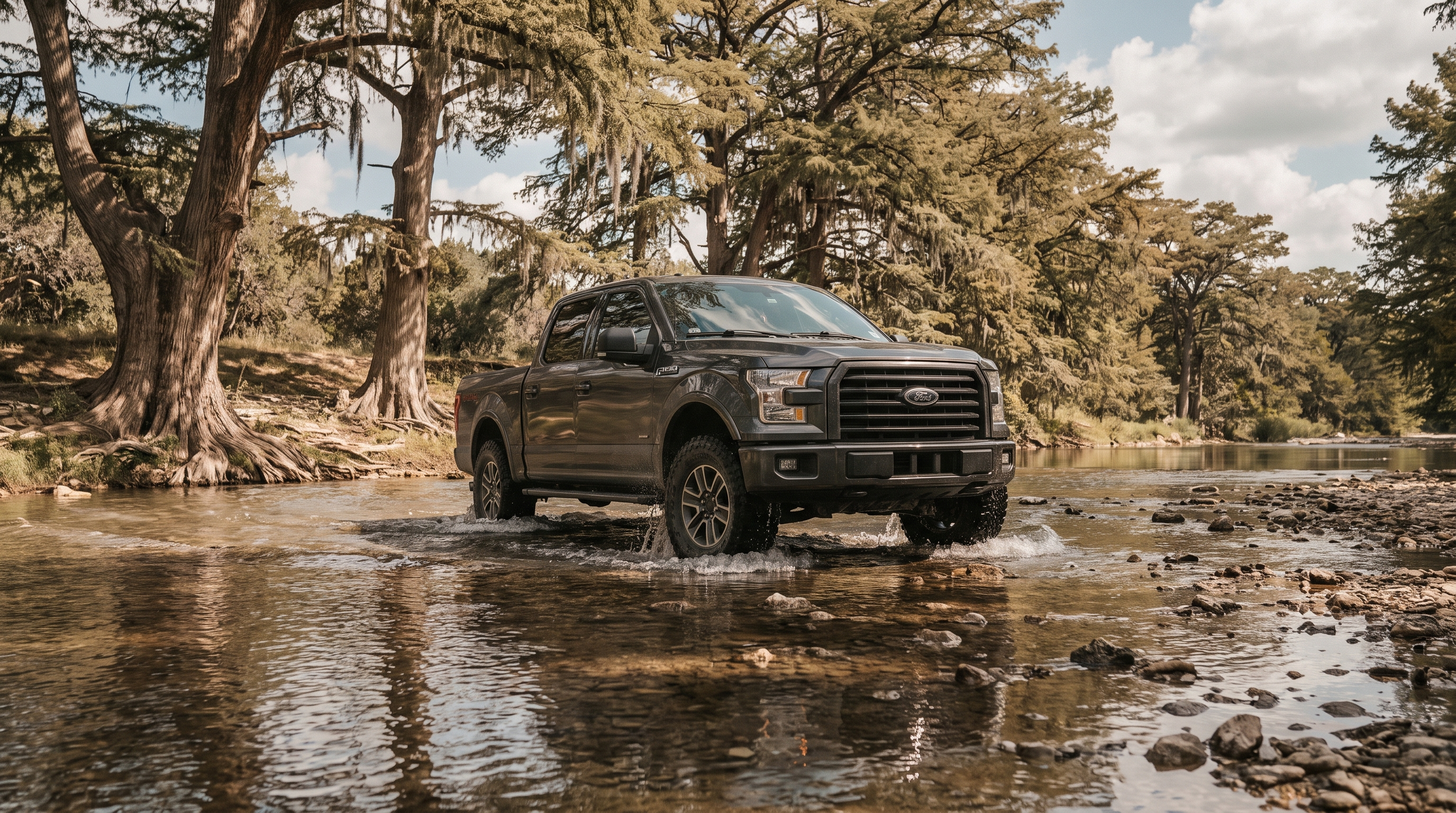 Dark grey Ford F-150 crossing a rocky Texas river with all-terrain tires