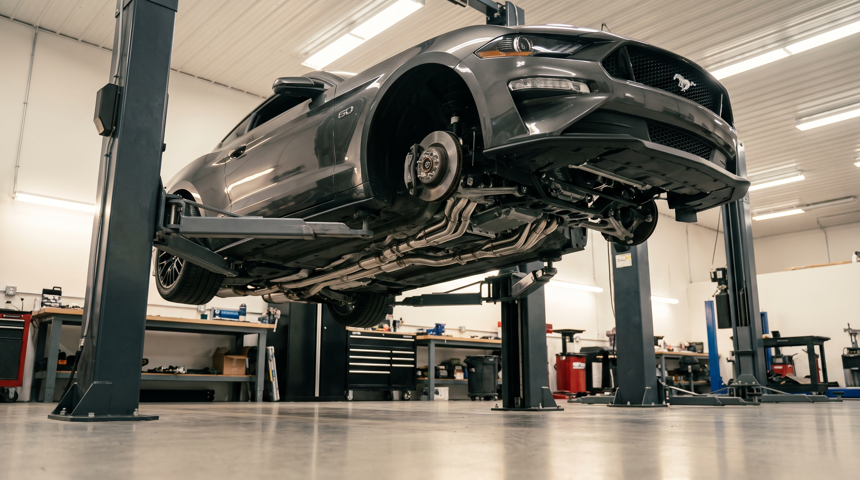 Ford Mustang GT on a shop lift showing long-tube headers on the Coyote V8