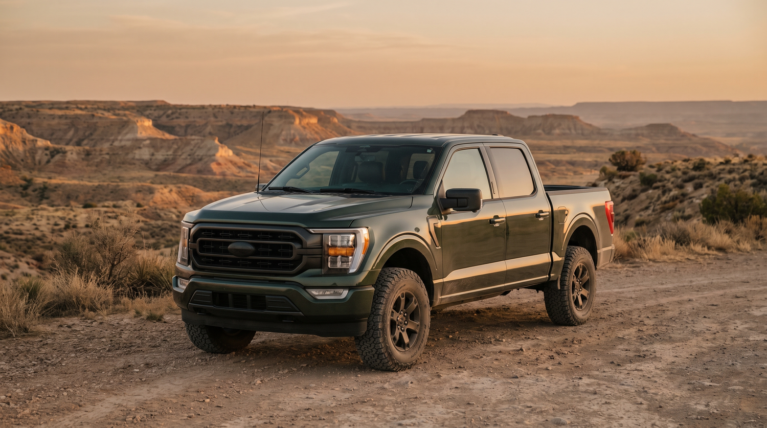 Dark green Ford F-150 at a West Texas mesa overlook on all-terrain tires