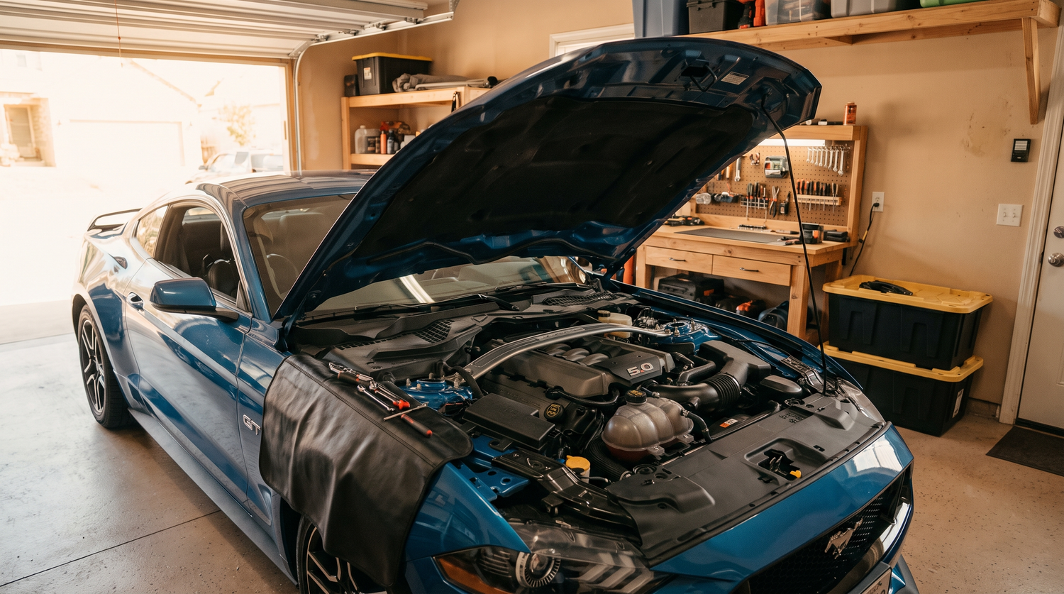 Metallic blue Ford Mustang GT with the hood open in a home garage