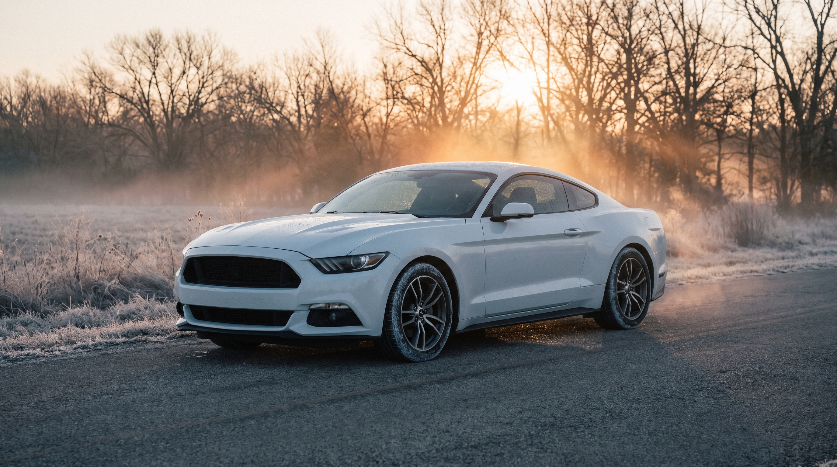 White Ford Mustang GT on a frosty rural Texas road at cold dawn