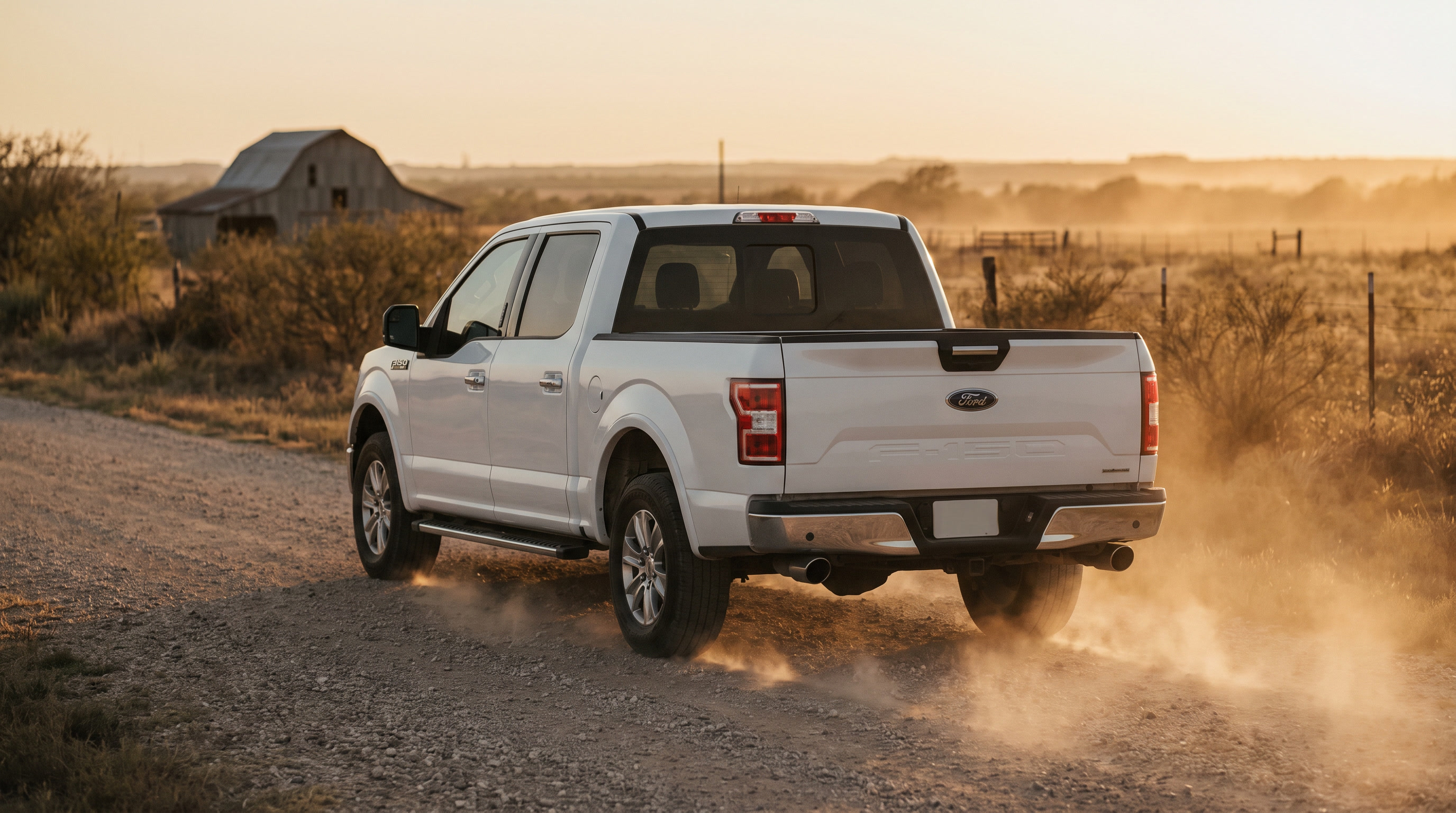 White Ford F-150 on a Texas gravel farm road kicking up dust at golden hour