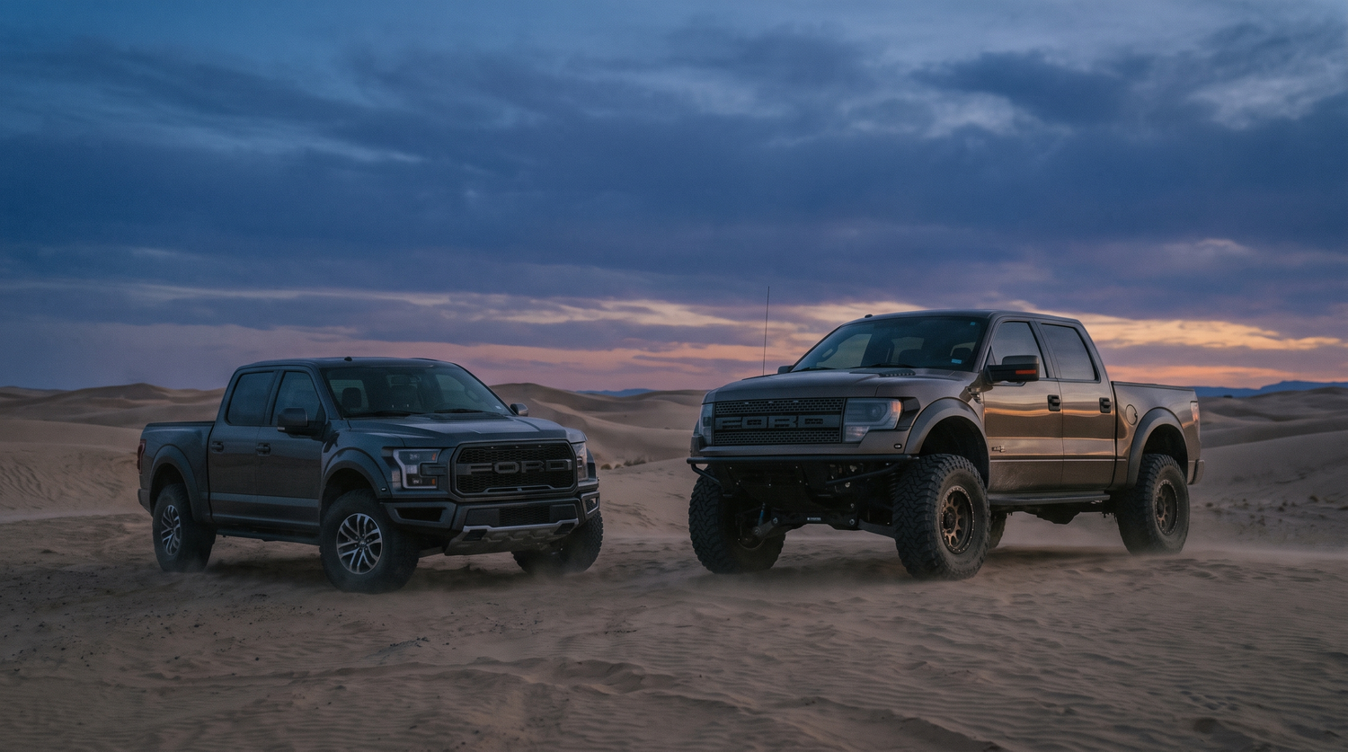 Ford F-150 Raptor beside a lifted built Ford F-150 on West Texas sand at dusk