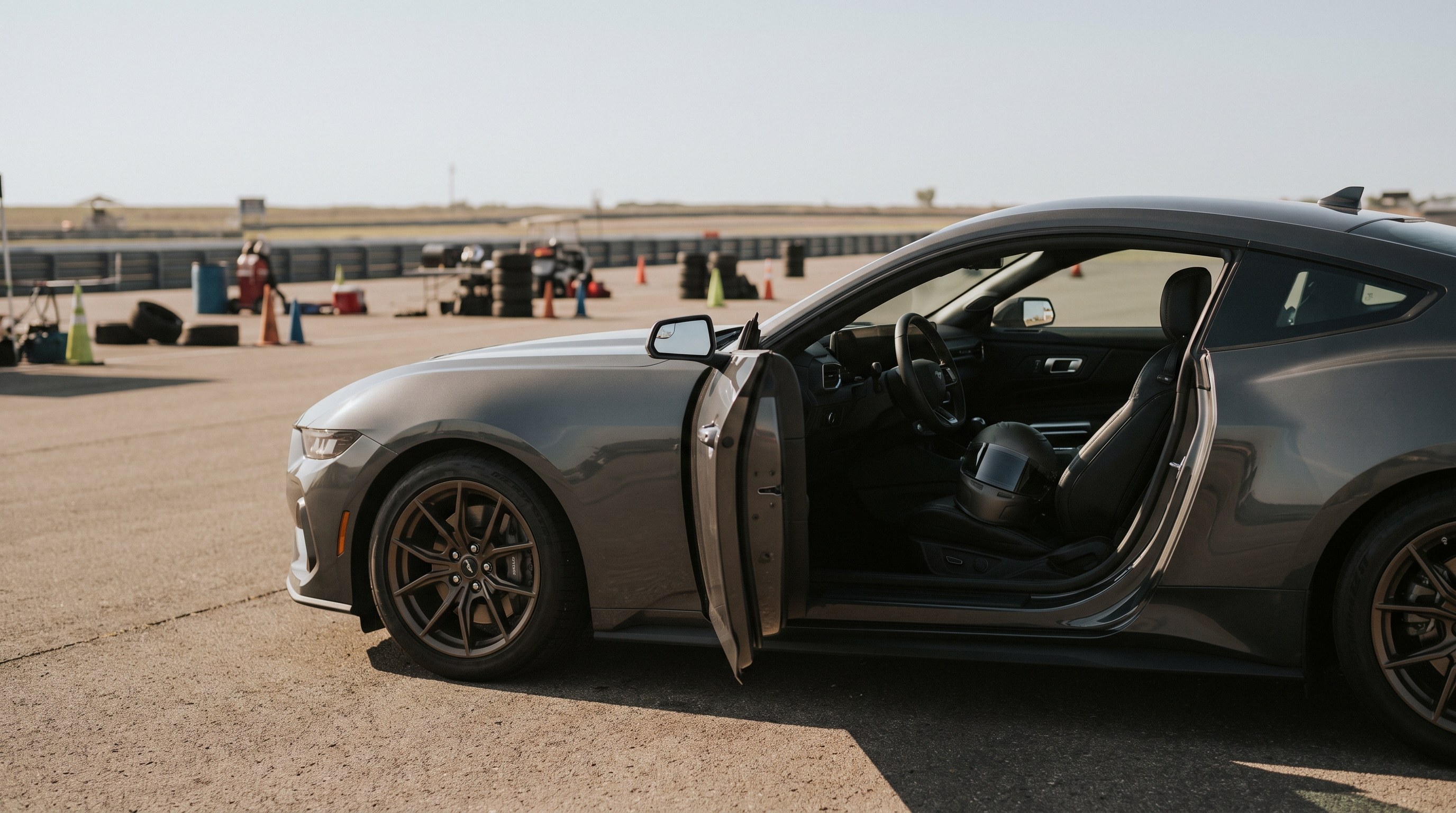 Grey S650 Ford Mustang in a race circuit paddock with a helmet on the seat