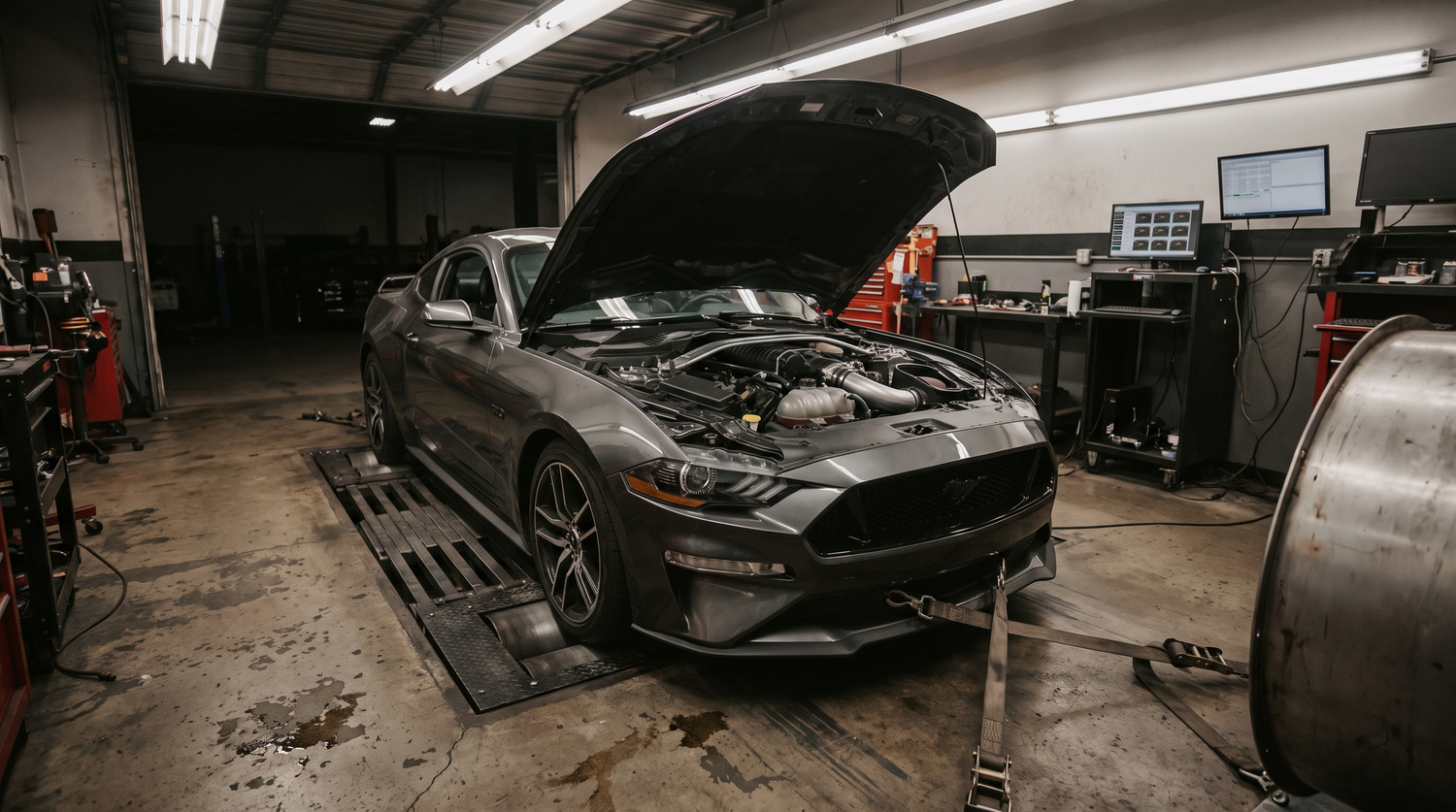 Ford Mustang GT on a chassis dyno in a performance shop with a supercharged engine