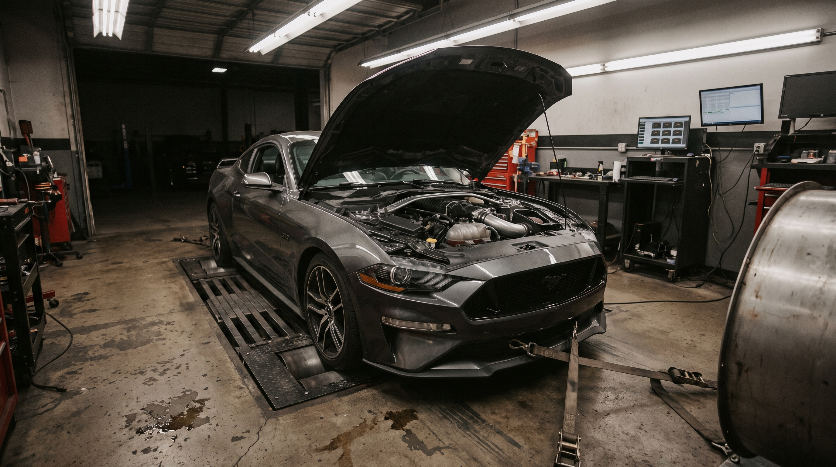 Ford Mustang GT on a chassis dyno in a performance shop with a supercharged engine
