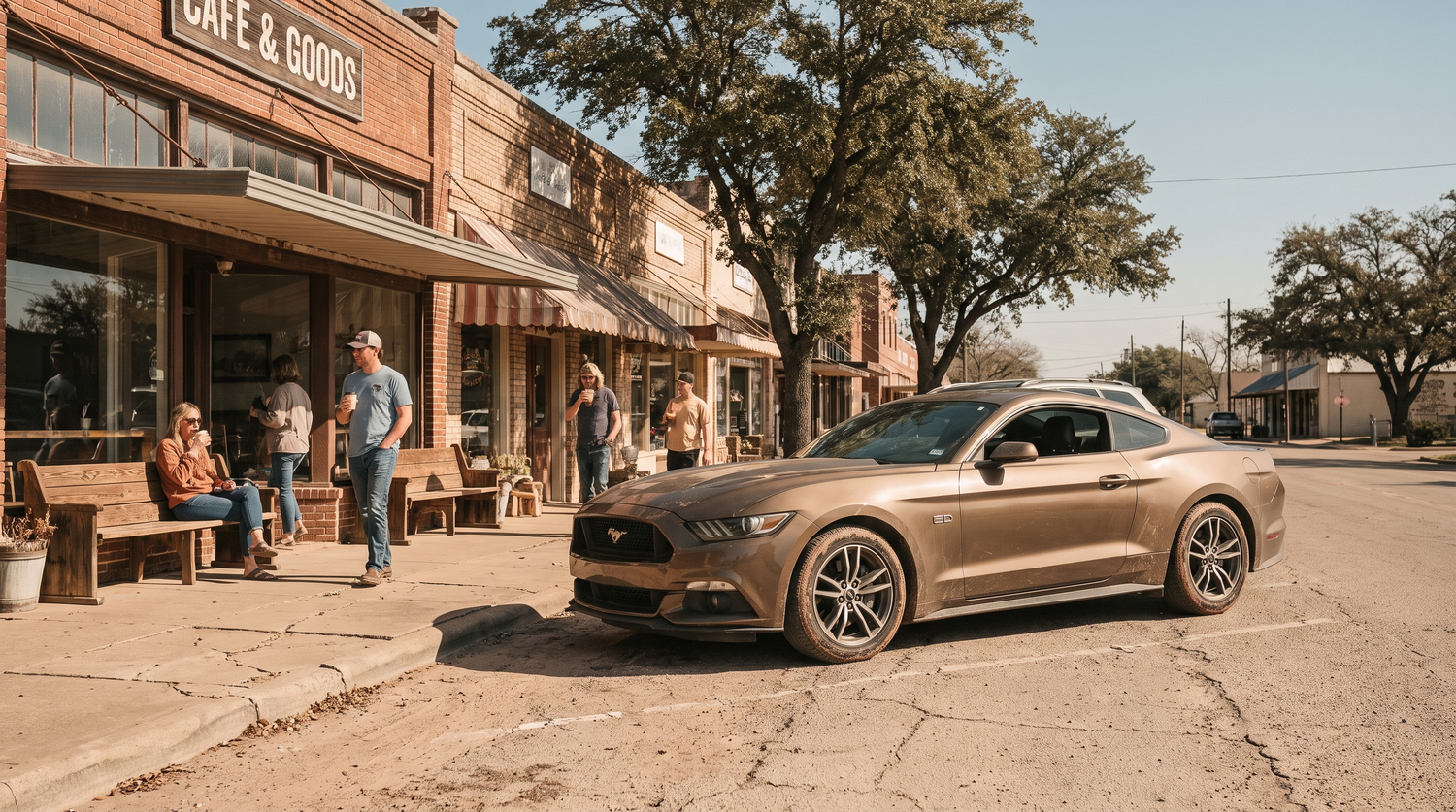 Bronze Ford Mustang GT parked outside a small-town Texas coffee shop in the morning