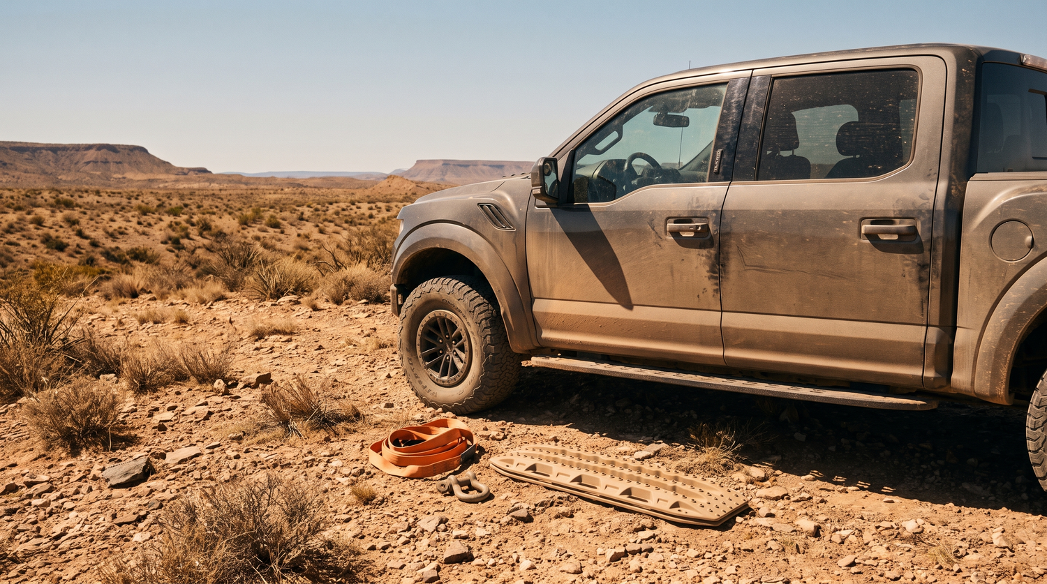 Ford F-150 Raptor on a rocky West Texas desert trail with recovery gear laid out