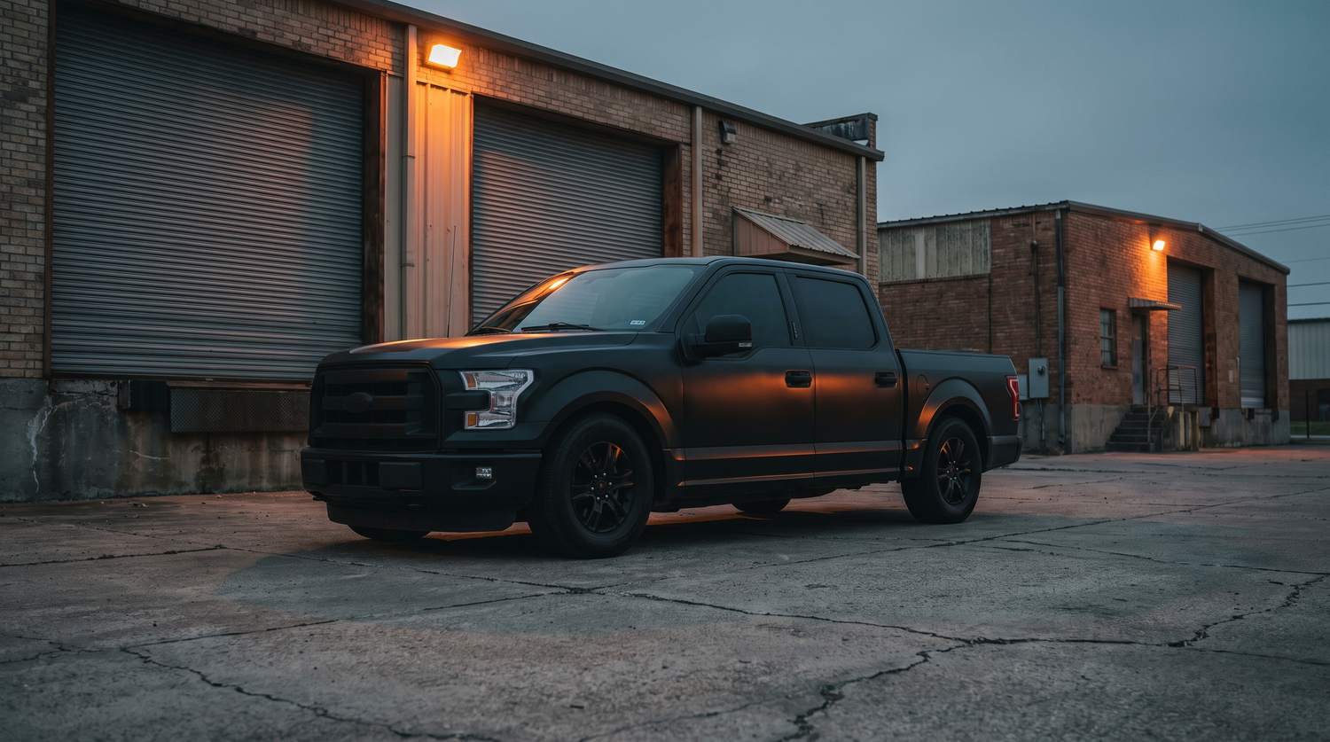 Clean blacked-out Ford F-150 in a Texas industrial district at dusk