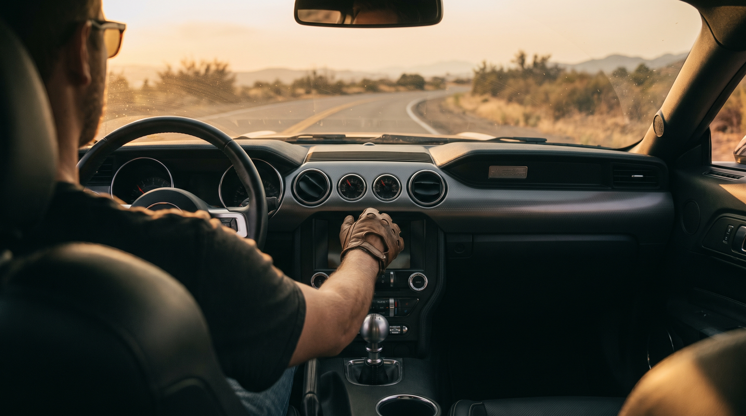 Driver's hand on a short-throw shifter inside an S550 Ford Mustang GT at golden hour