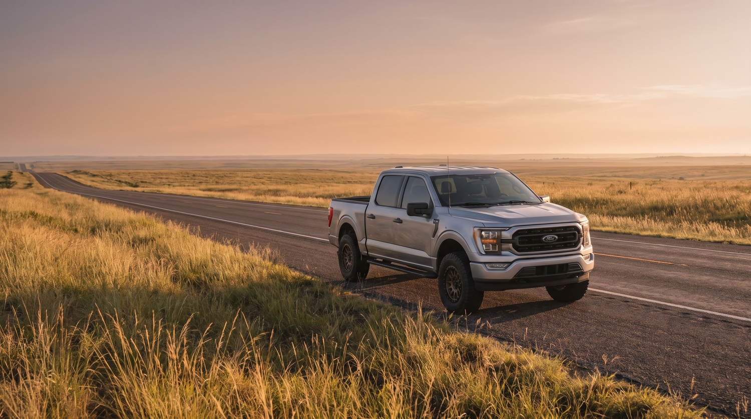 Silver Ford F-150 on an open Texas prairie road at sunrise