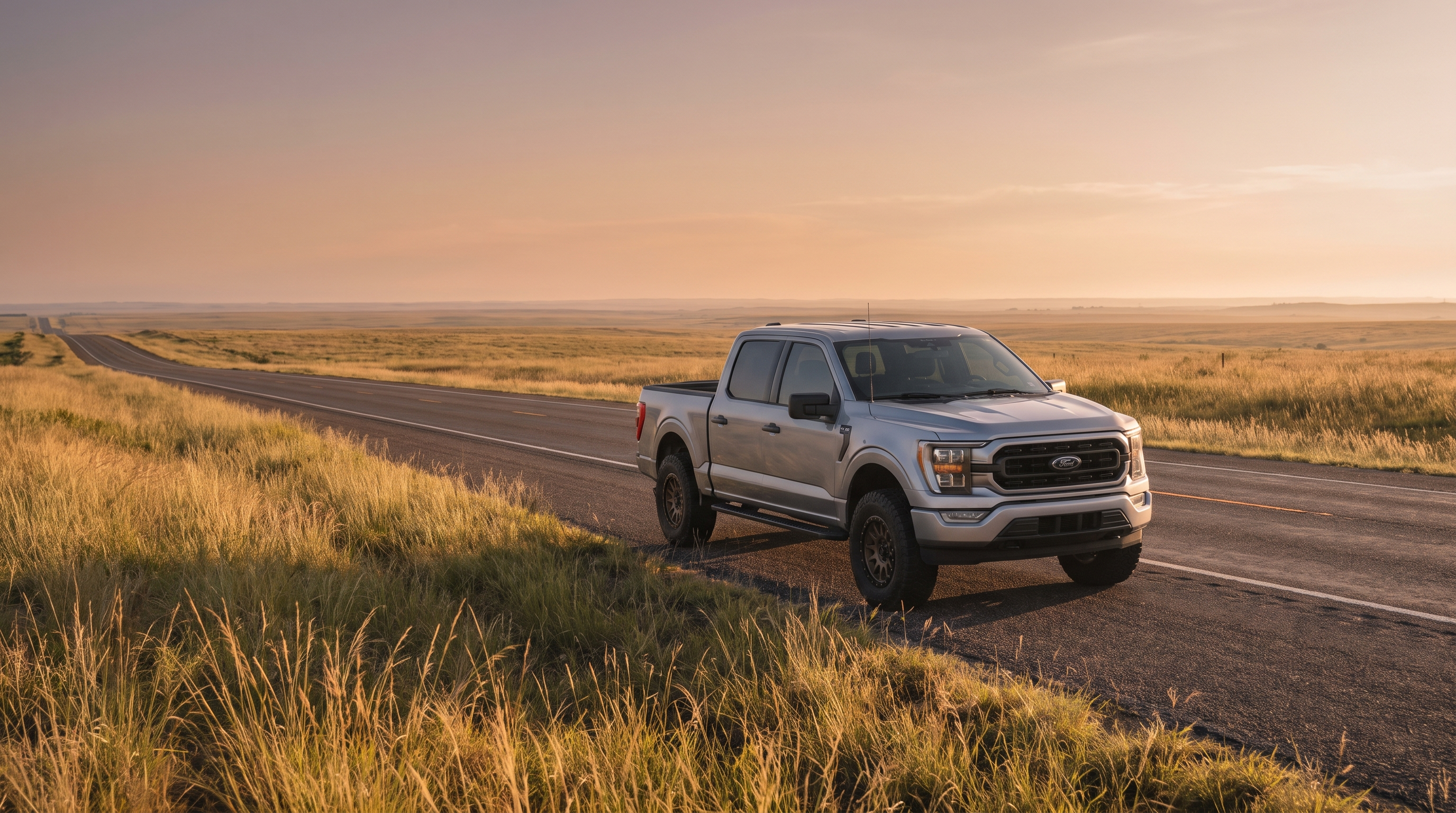 Silver Ford F-150 on an open Texas prairie road at sunrise