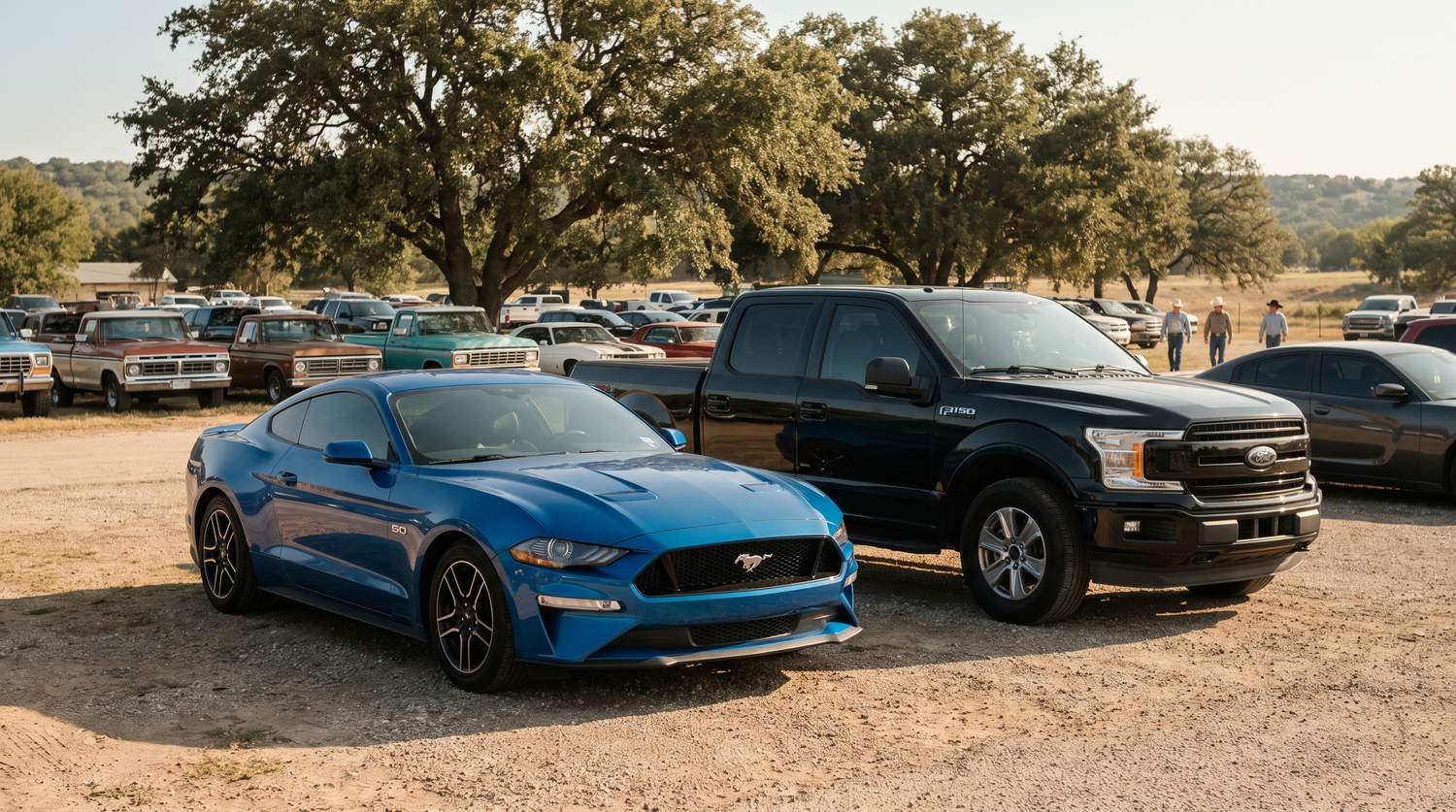 Blue Ford Mustang GT and black Ford F-150 side by side at an outdoor Texas car show